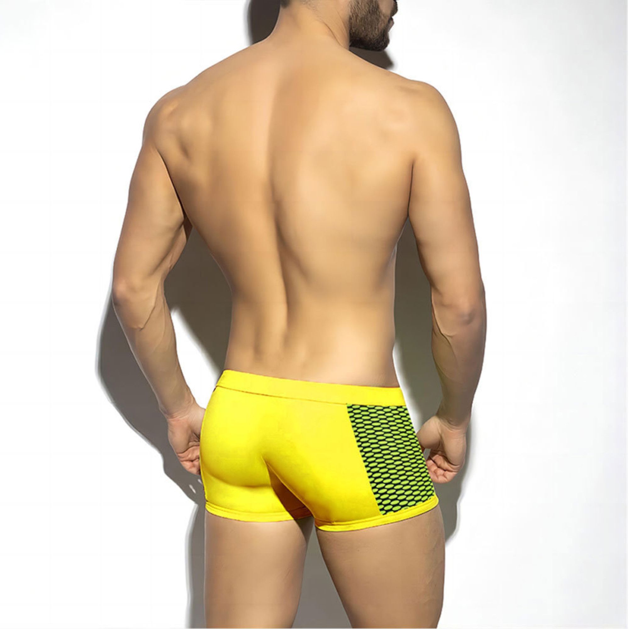 Желтые мужские плавки-боксеры с принтованными вставками по бокам 3