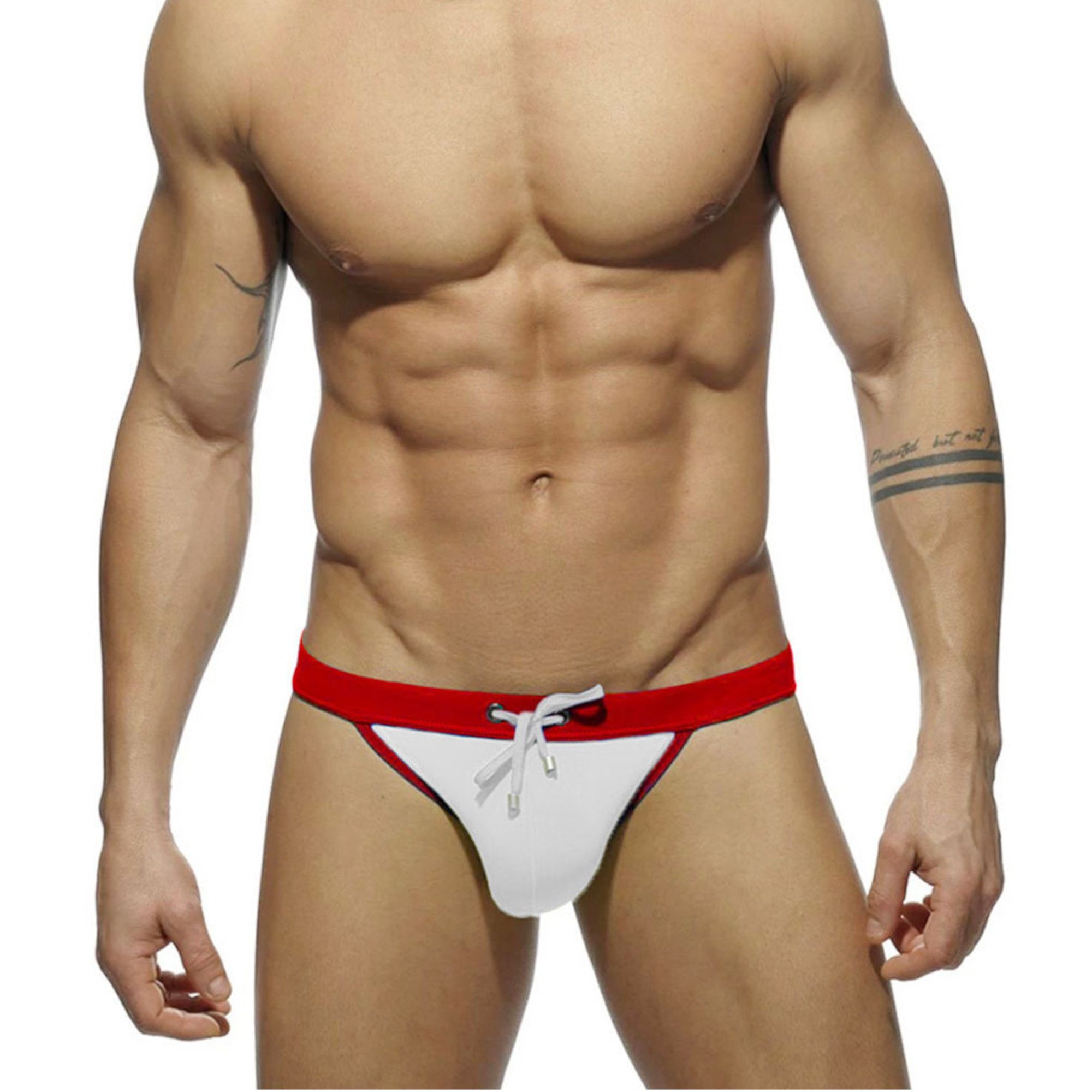 Белые мужские плавки-танга с ярким поясом 1