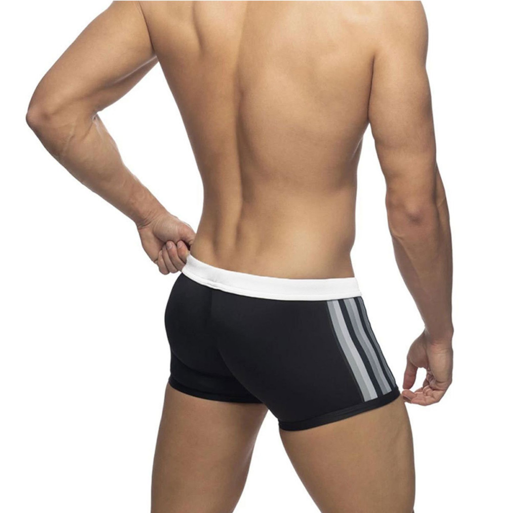 Черные мужские плавки-боксеры с серыми полосками по бокам 3
