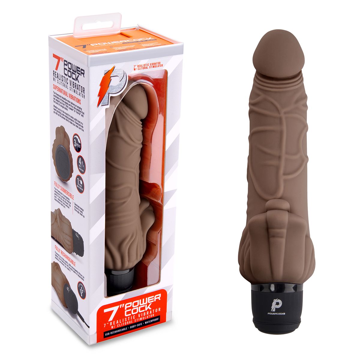 Коричневый вибратор с клиторальным выступом 7" Realistic Vibrator - 21,5 см. 6