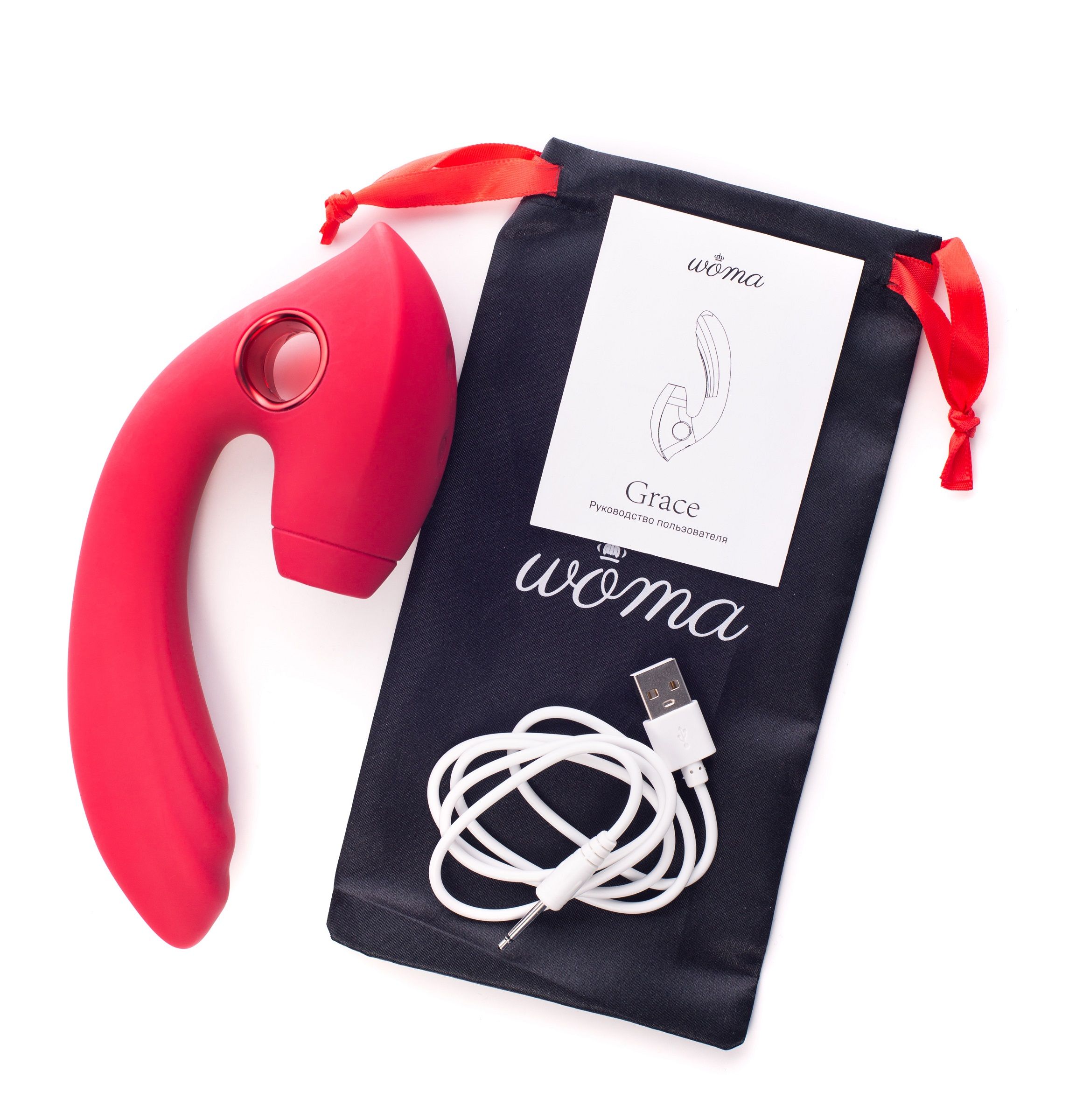 Красный вибратор с вакуум-волновым стимулятором клитора Grace 4