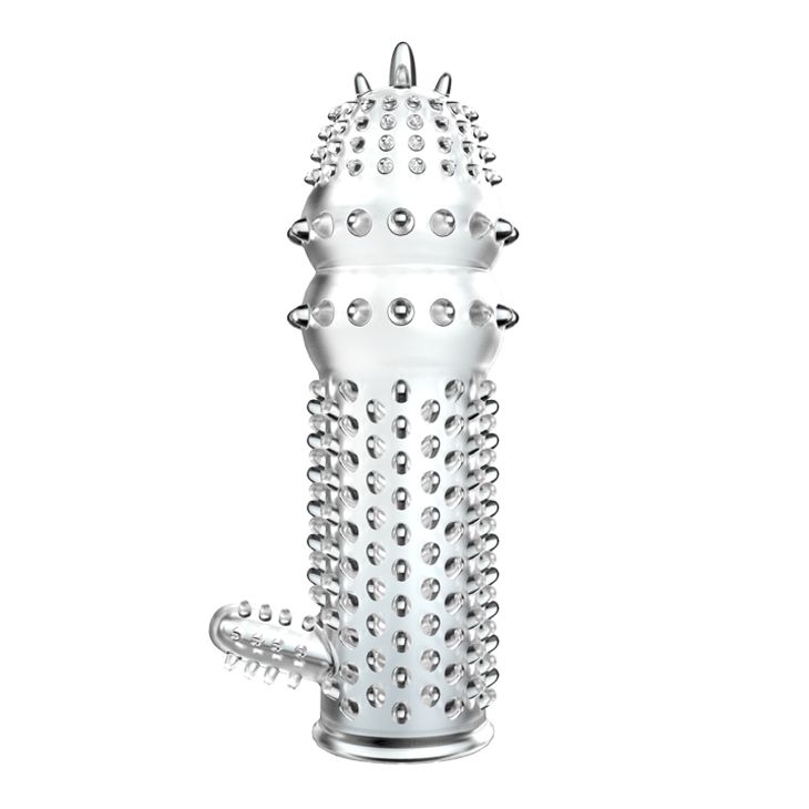 Прозрачная насадка на пенис с шипами и стимулятором клитора - 12,8 см. 1