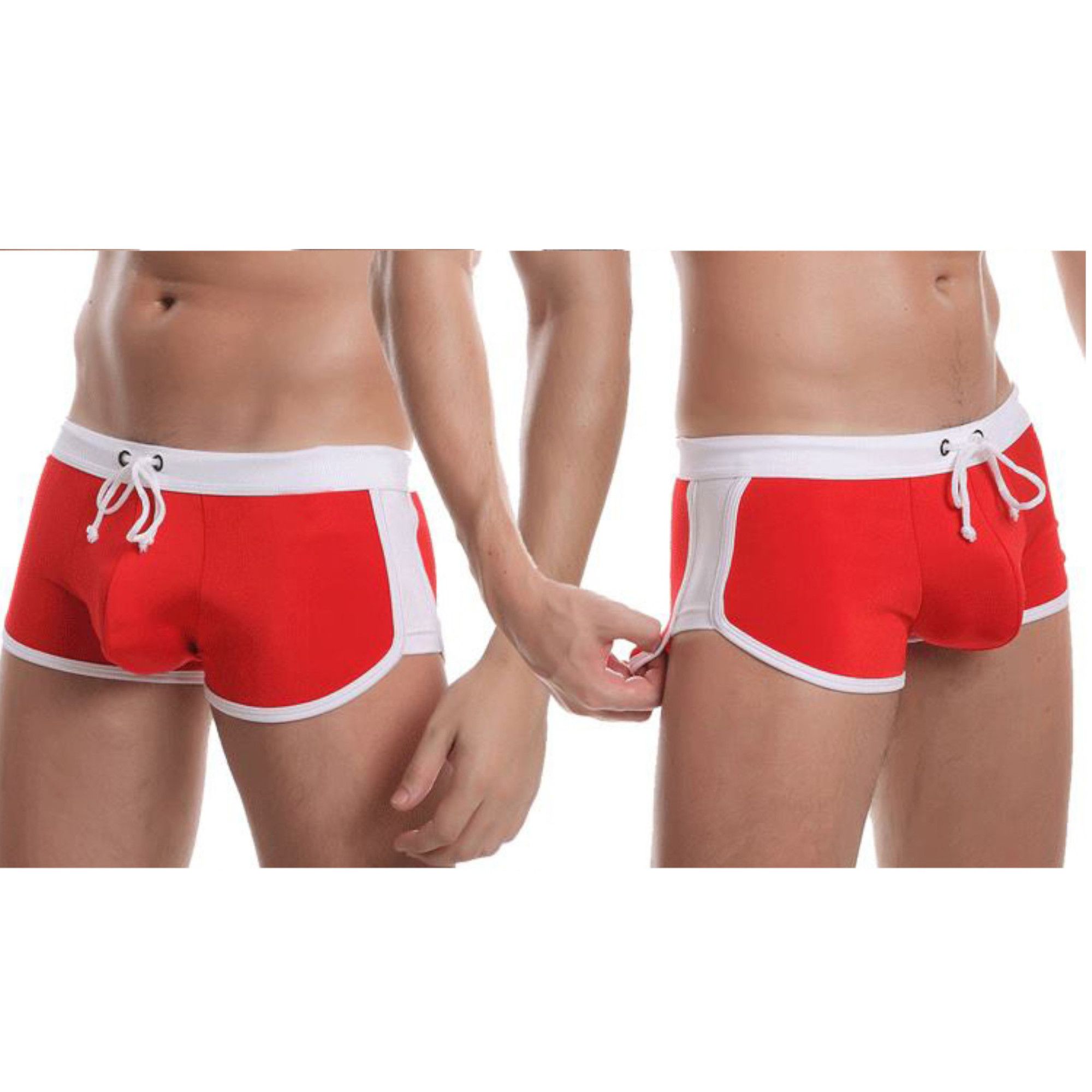 Стильные красные мужские плавки с контрастным белым поясом 2