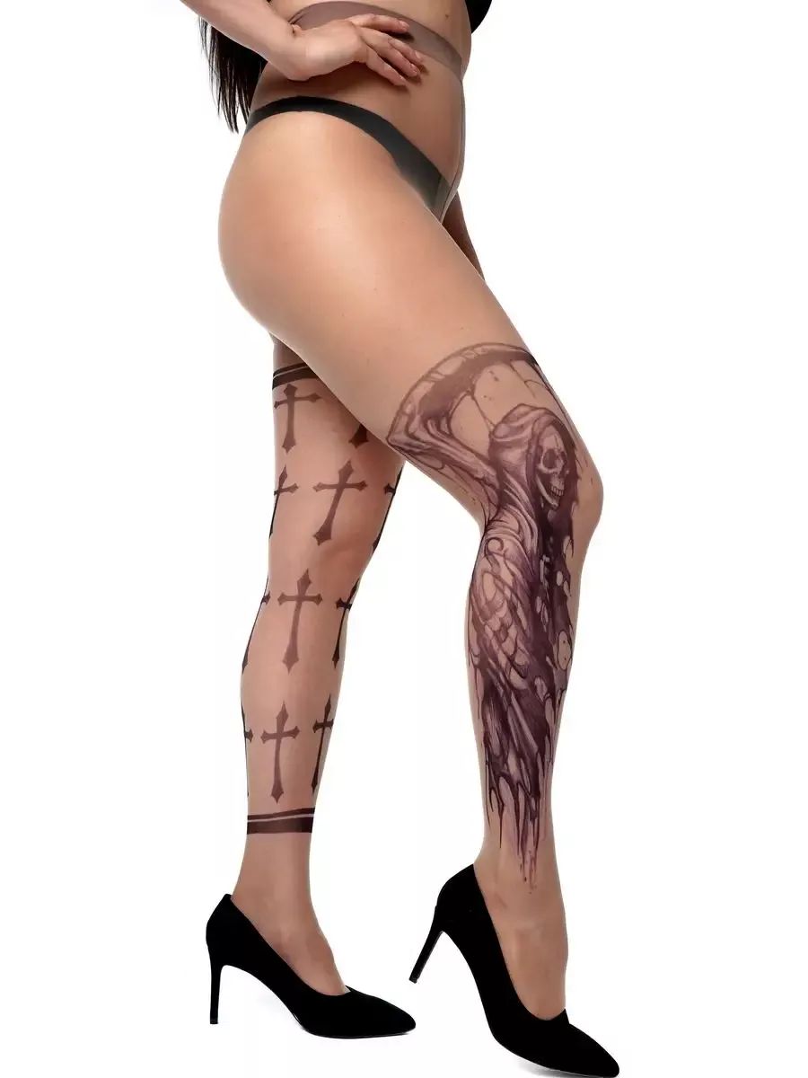 Колготки +size с принтом в виде смерти и крестов 3