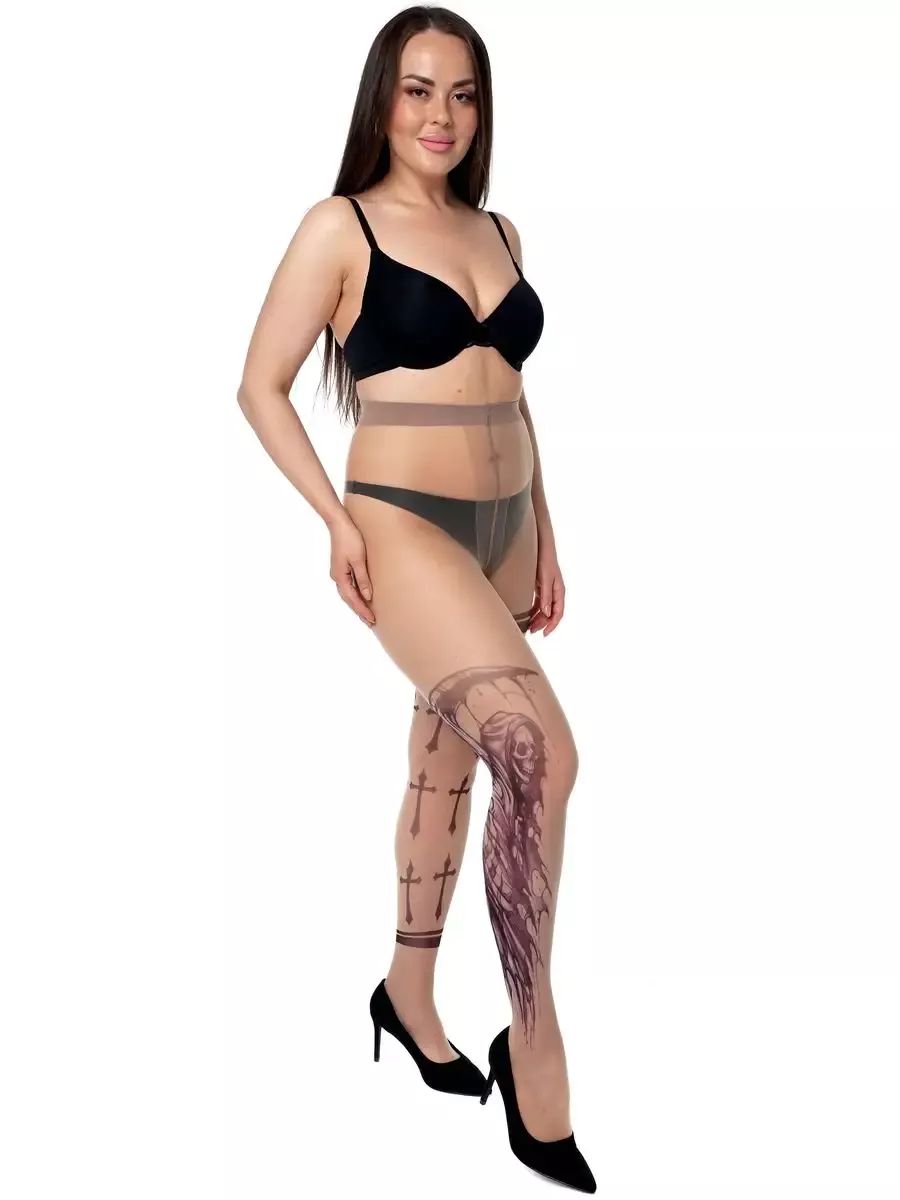 Колготки +size с принтом в виде смерти и крестов 7