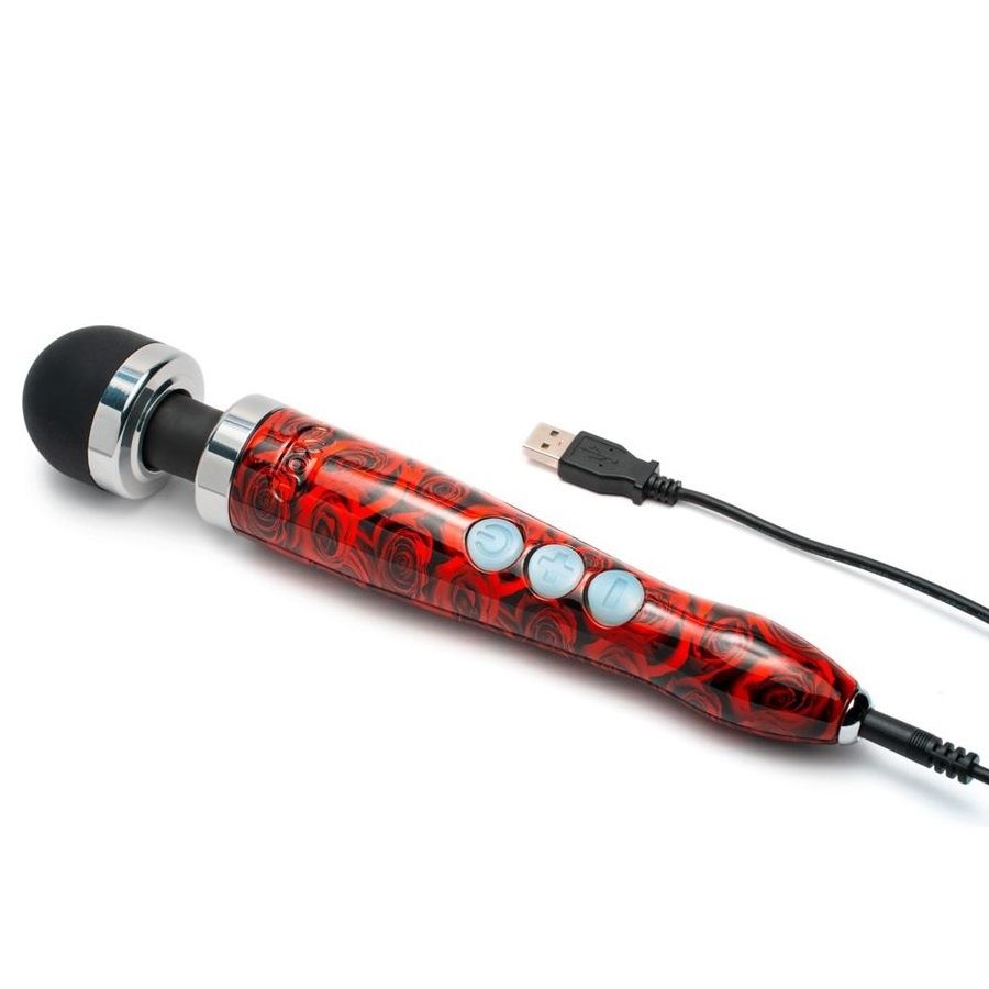 Красный беспроводной wand-вибратор Doxy Die Cast 3R с принтом в виде роз на рукояти - 28 см. 2