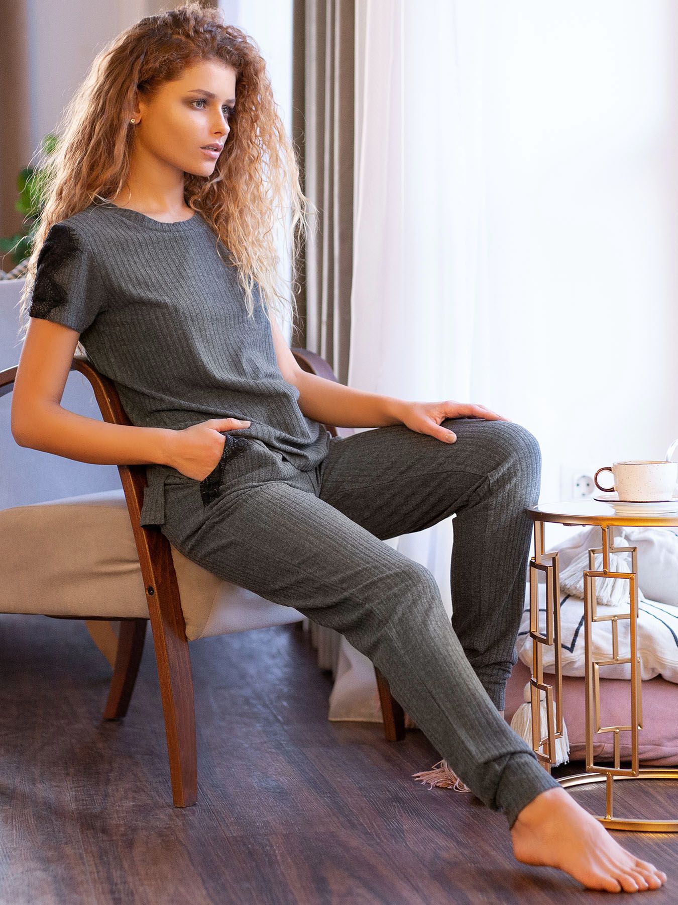 Женский домашний комплект с кружевным декором 4