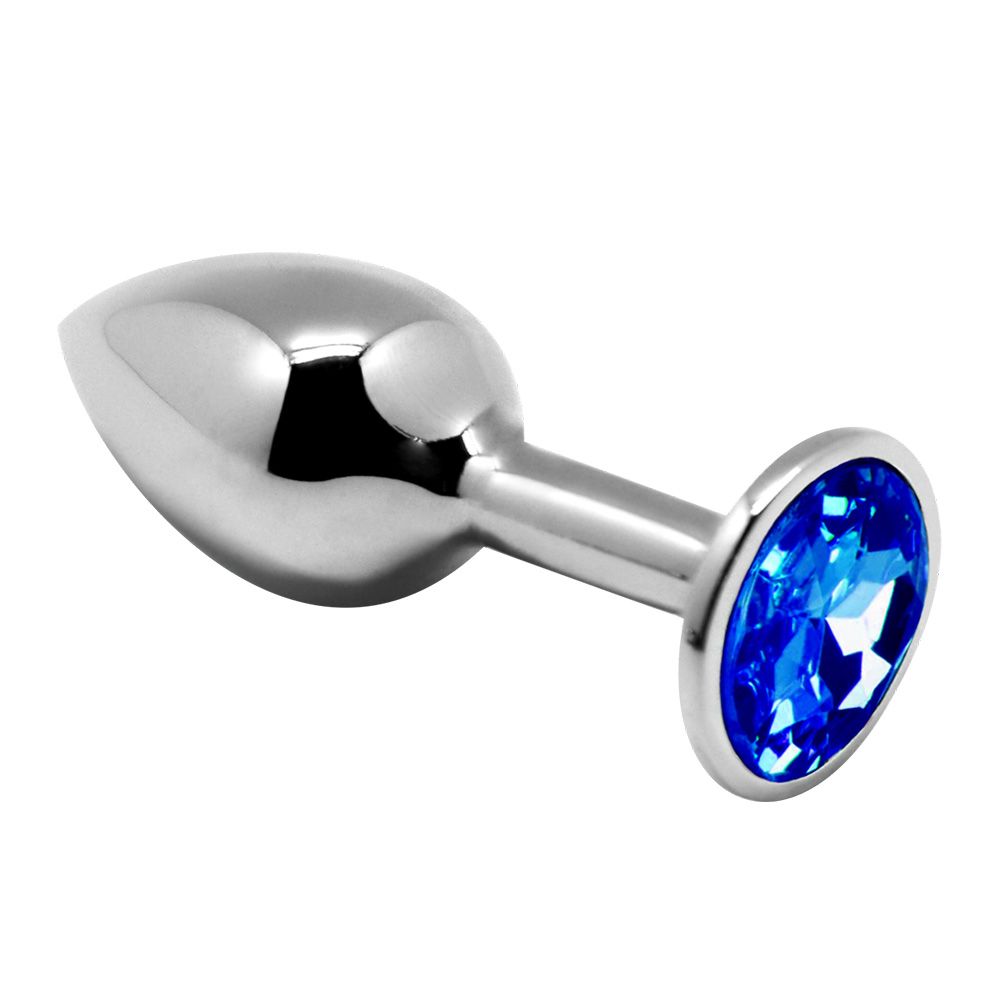 Серебристая анальная втулка с синим кристаллом Mini Metal Butt Plug Size S - 7 см. 1