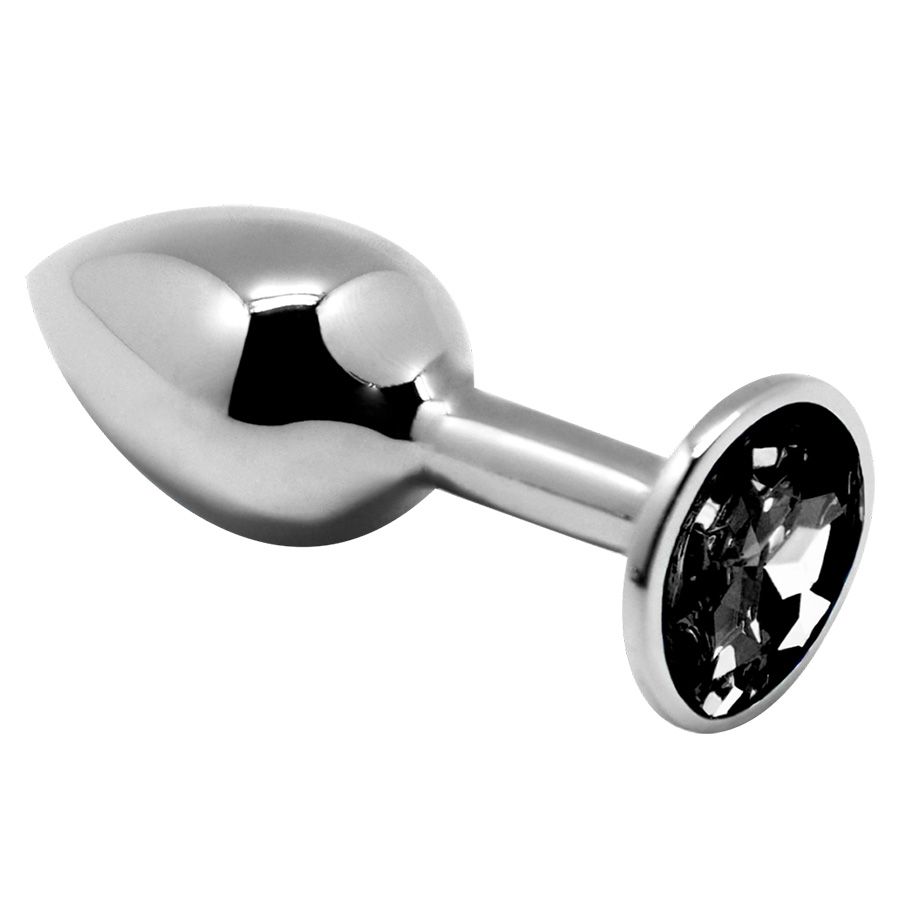 Серебристая анальная втулка с черным кристаллом Mini Metal Butt Plug Size M - 8 см. 1