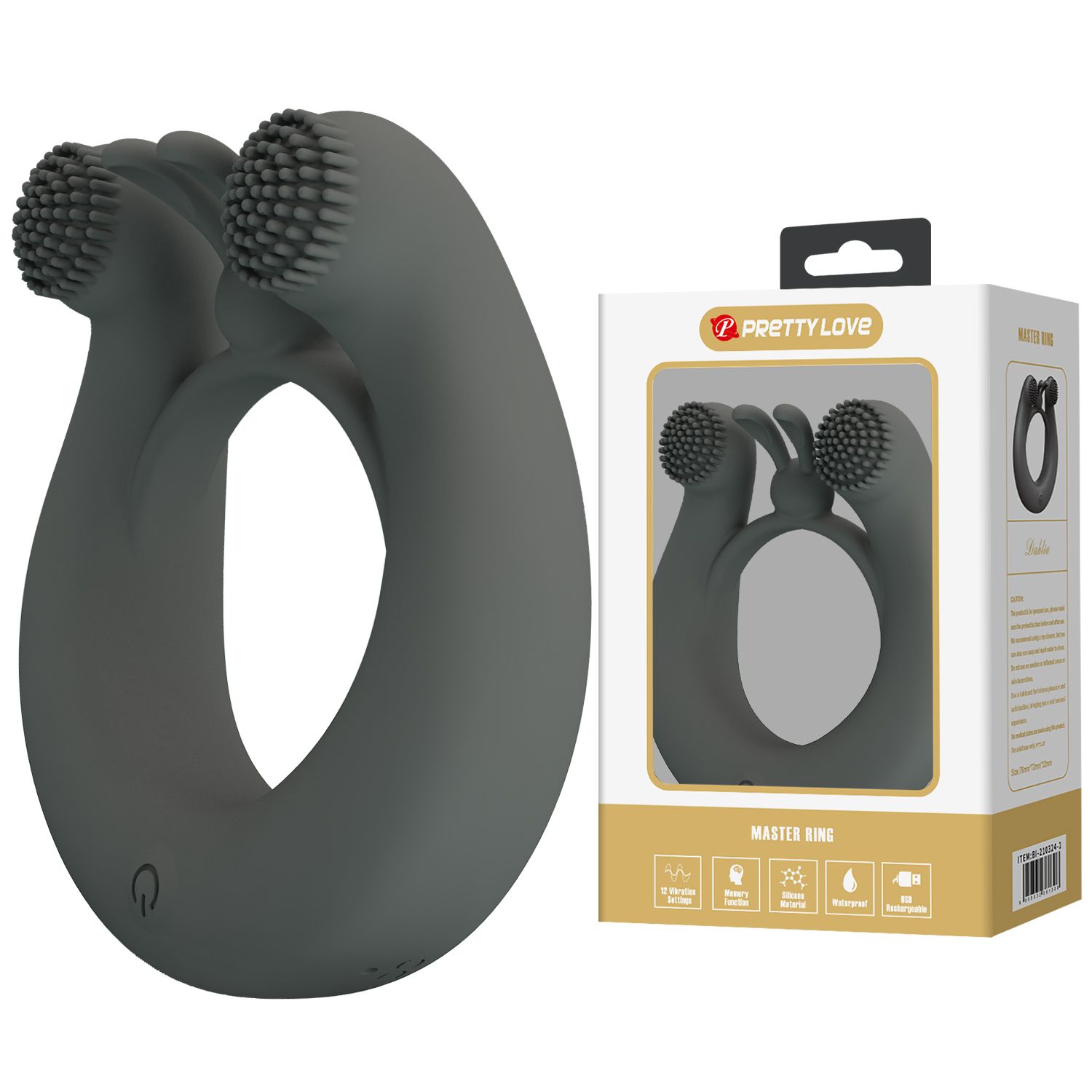 Серое эрекционное кольцо Dahlia с 2 стимулирующими щеточками 3