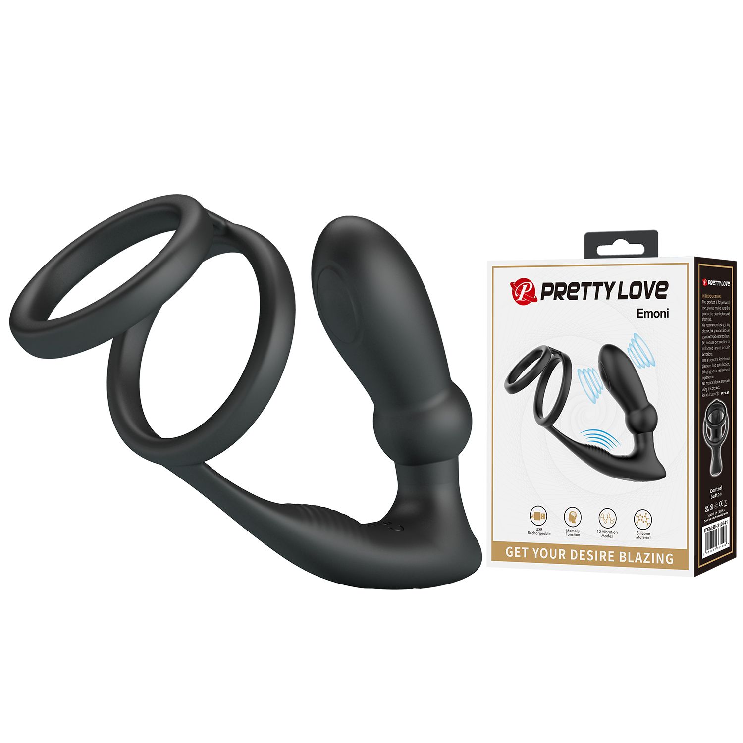 Черный анальный стимулятор простаты с вибрацией и эрекционными кольцами Emoni 2