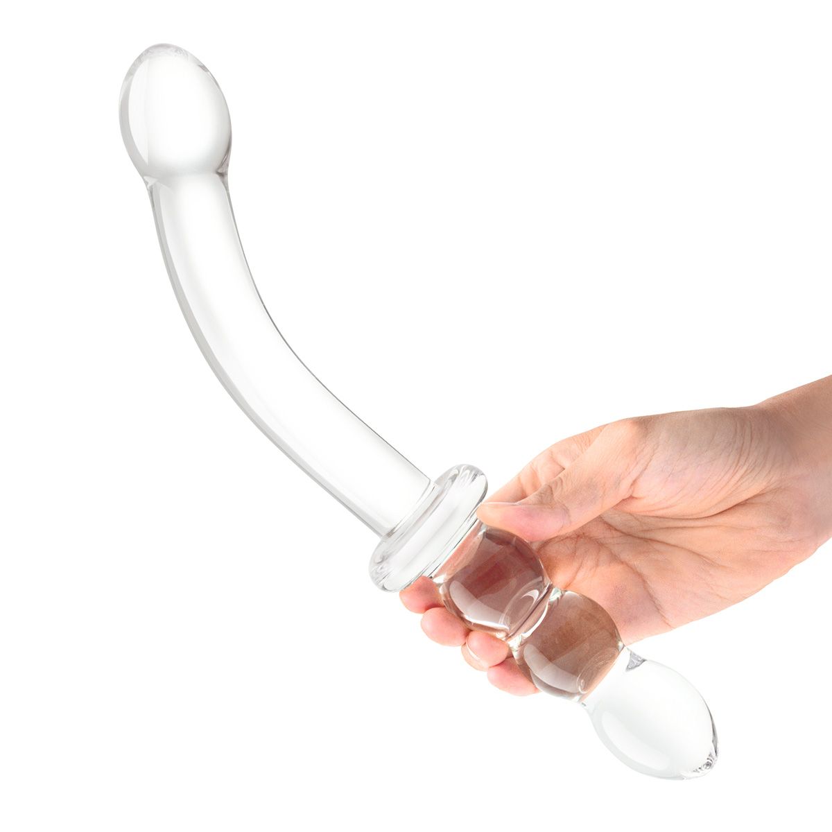 Изогнутый стеклянный фаллоимитатор 12’’ Girthy Ribbed G-Spot Glass Dildo With Handle Grip Double Ended - 30 см. 4