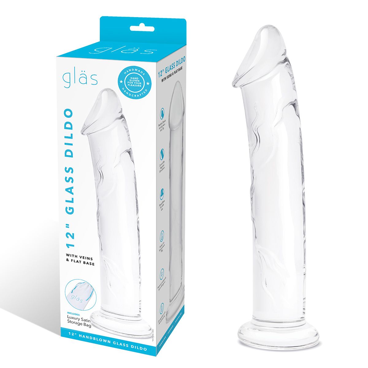 Большой стеклянный стимулятор 12’’ Glass Dildo With Veins & Flat Base - 28 см. 2