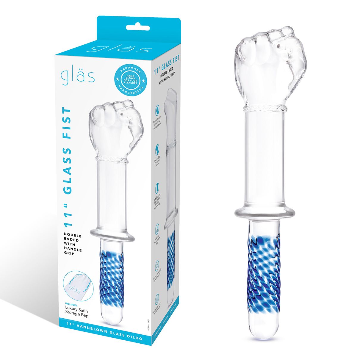 Стеклянный стимулятор в форме сжатой в кулак руки 11’’ Glass Fist Double Ended With Handle Grip - 28 см. 2