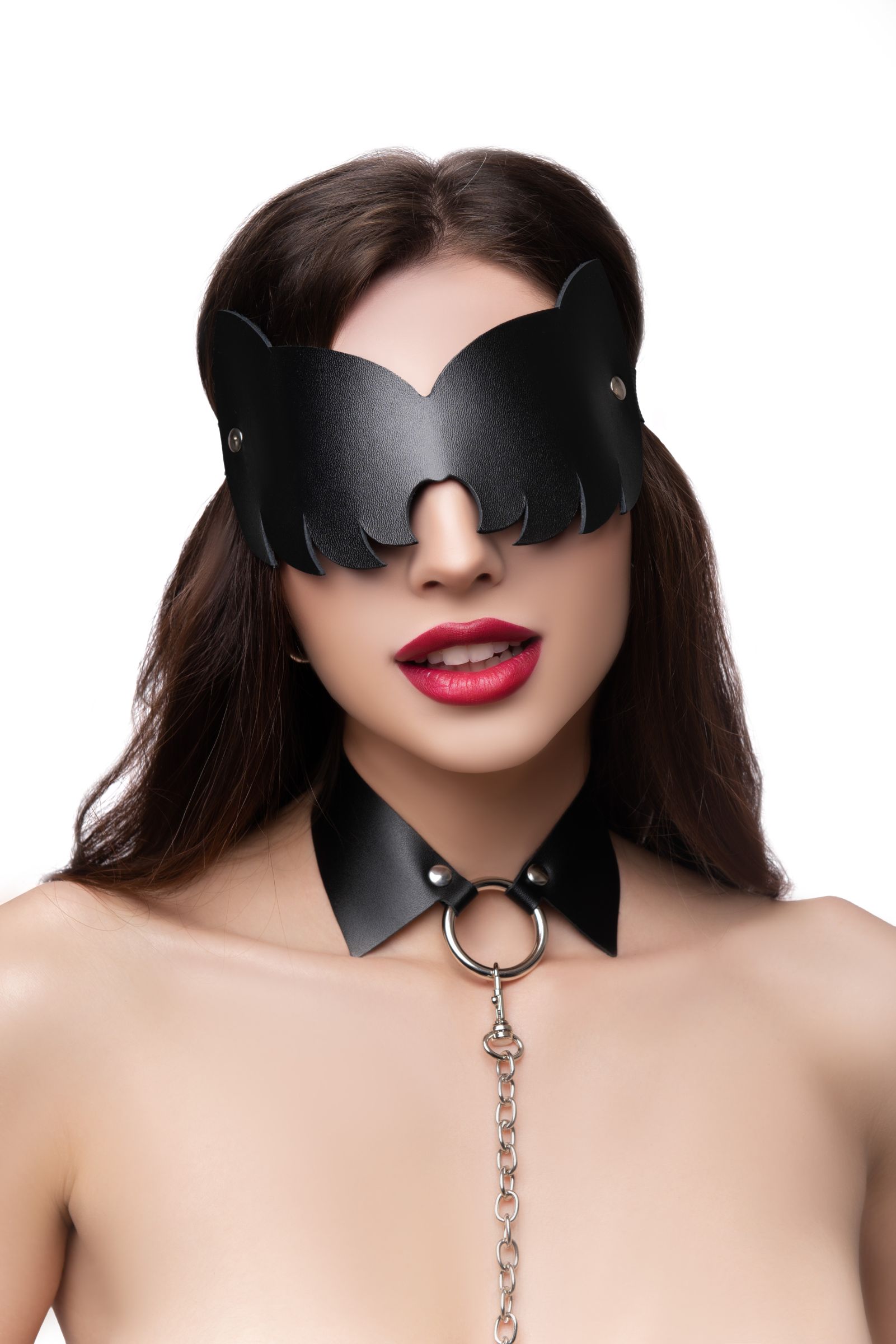 Черная закрытая кожаная маска с ушками кошки 7