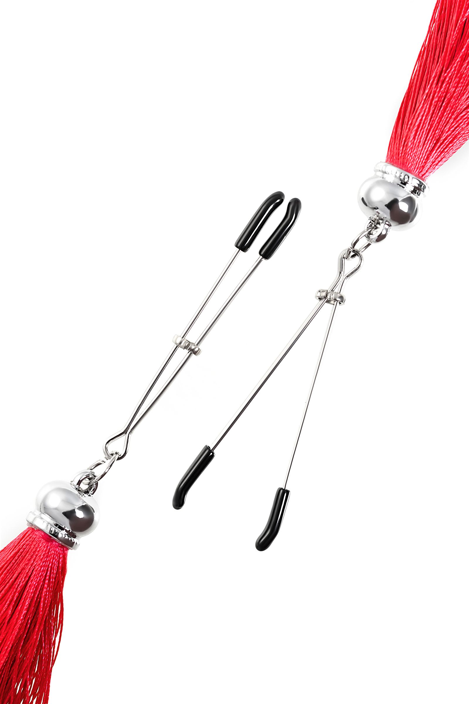 Зажимы на соски «Вилки» с красными кисточками из шелка 5