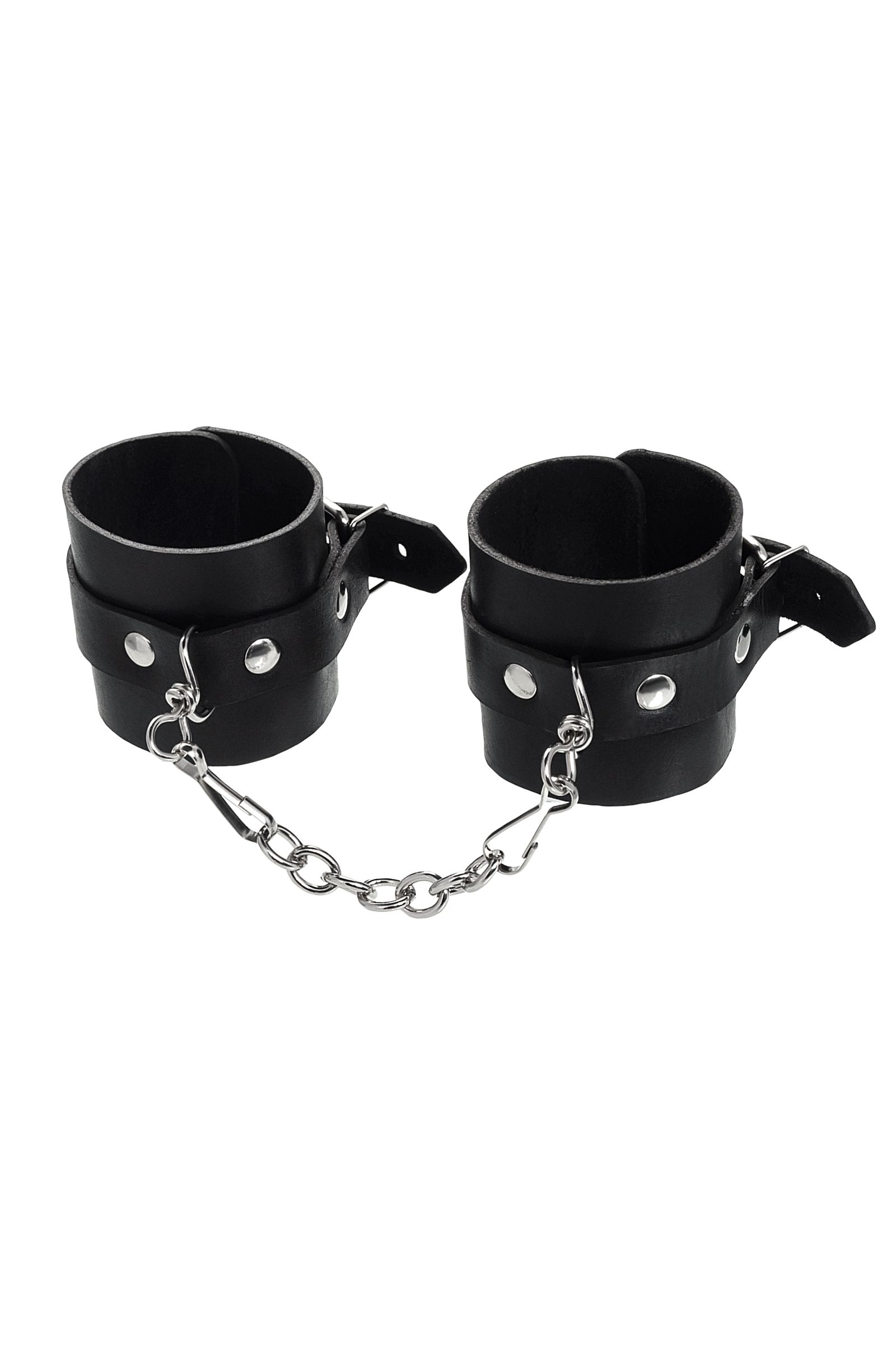 Черные однослойные наручники из натуральной кожи с цепочкой 2
