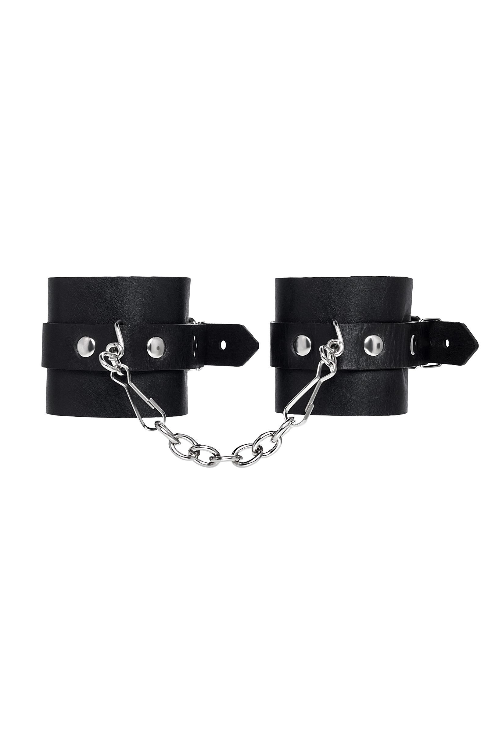 Черные однослойные наручники из натуральной кожи с цепочкой 3