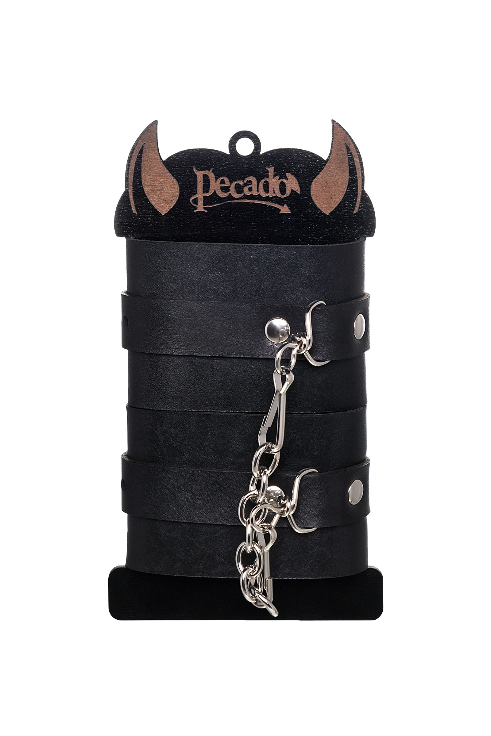 Черные однослойные наручники из натуральной кожи с цепочкой 6