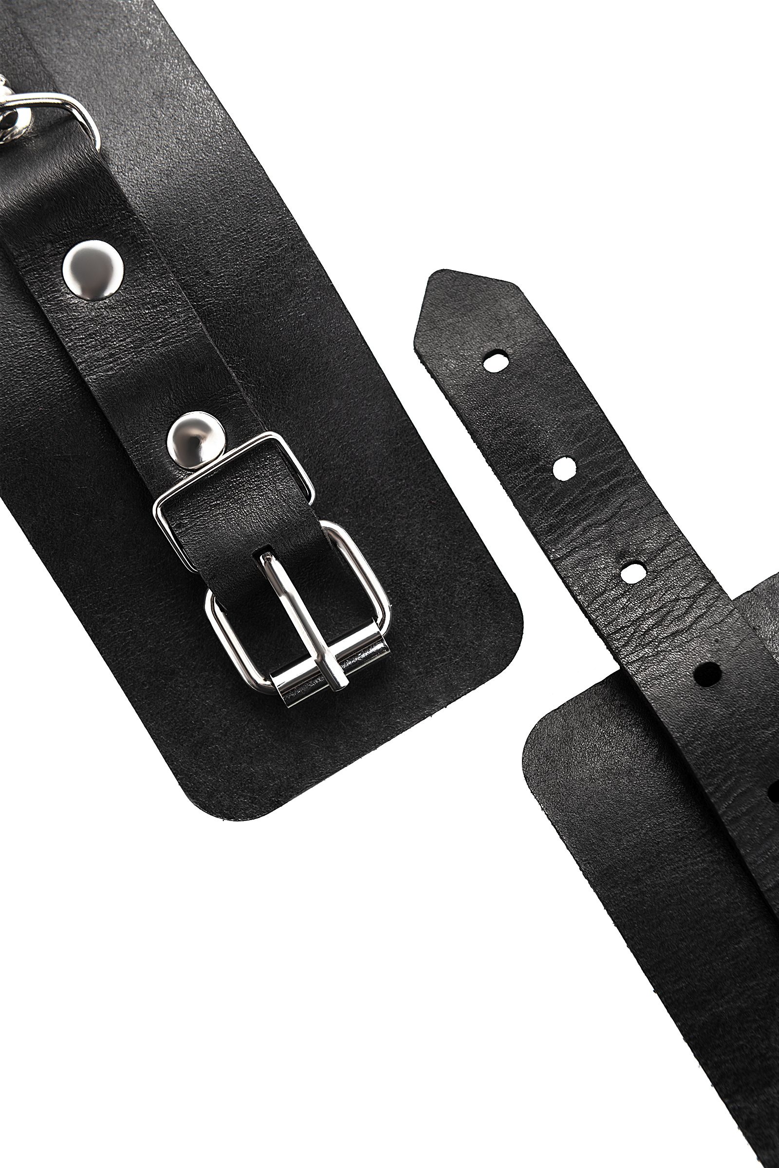 Черные однослойные наручники из натуральной кожи с цепочкой 7