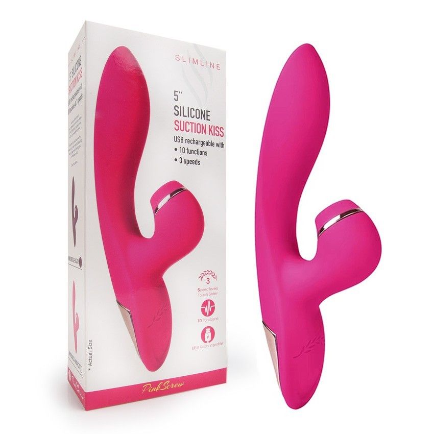 Розовый вибратор-кролик с вакуумной стимуляцией 5’’ Silicone Suction Kiss - 20,3 см. 2