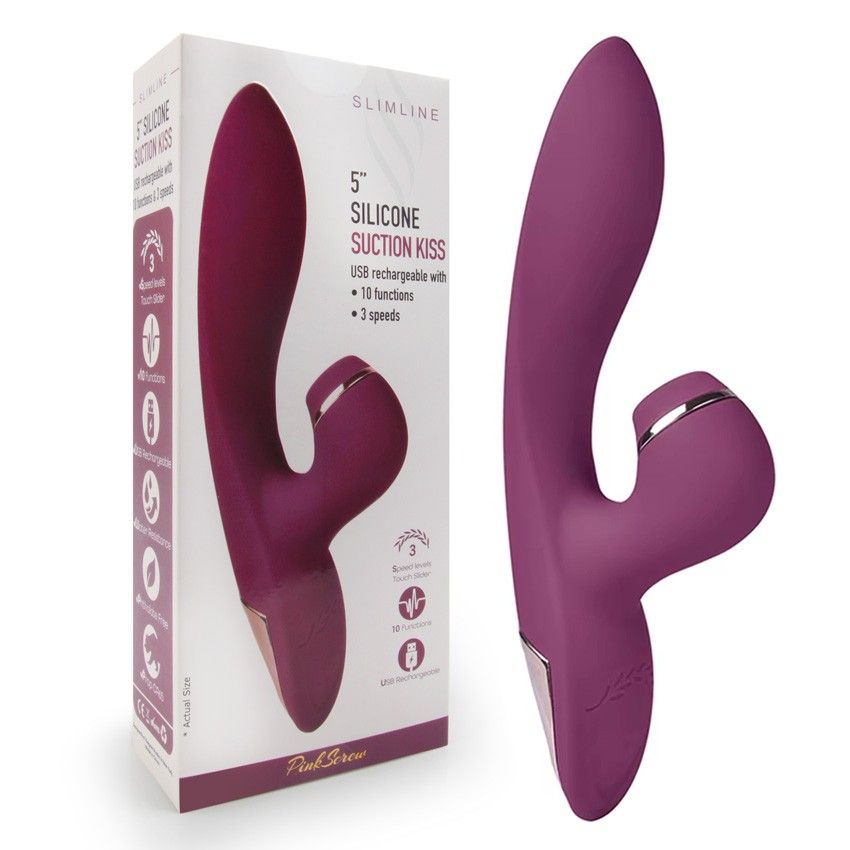 Сливовый вибратор-кролик с вакуумной стимуляцией 5’’ Silicone Suction Kiss - 20,3 см. 2