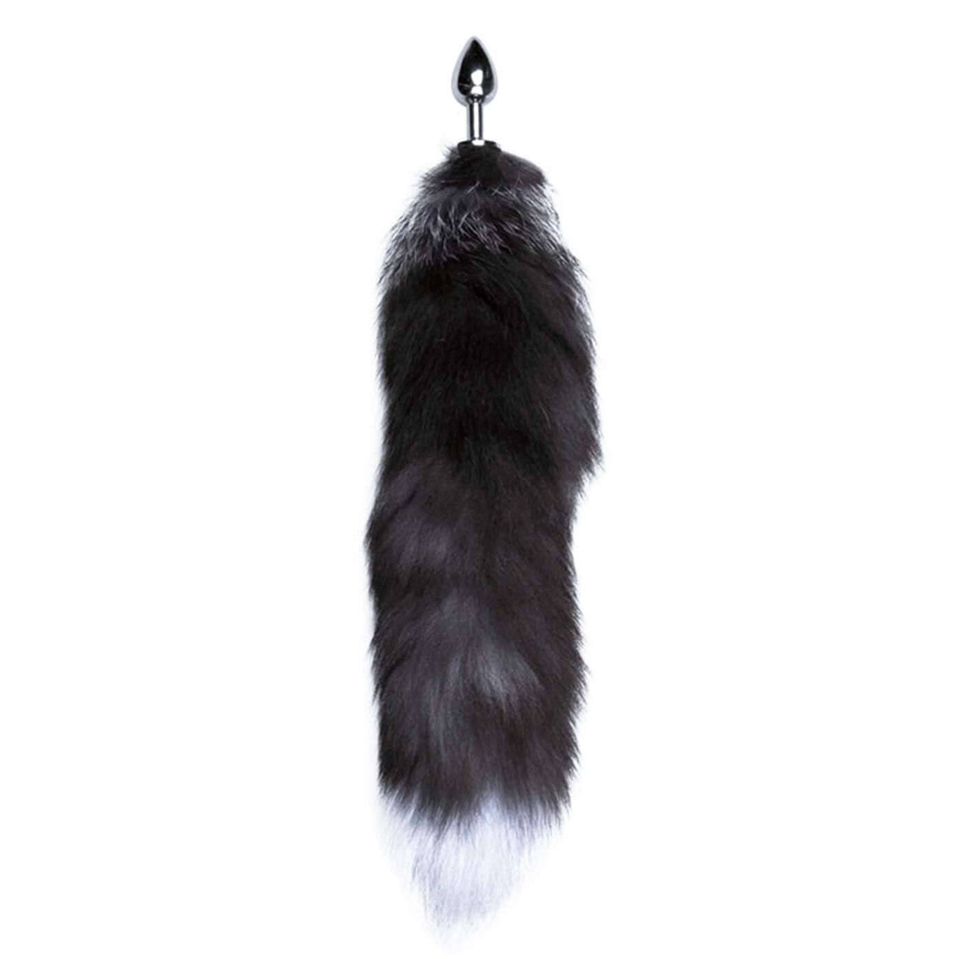 Серебристая анальная пробка с темным лисьим хвостом Black & White Fox Tail Size S 2