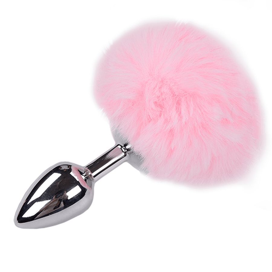 Серебристая анальная втулка с розовым хвостиком Alive Metal Anal Fluffly Plug S 1