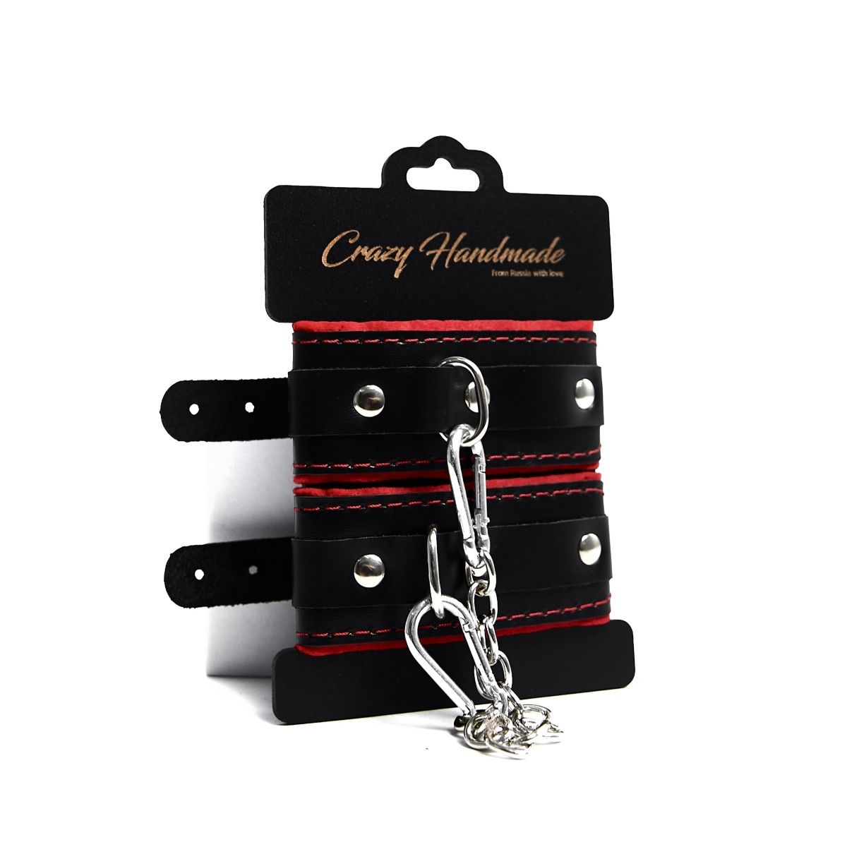 Черные наручники с красной подкладкой, строчками и скругленными ремешками 2