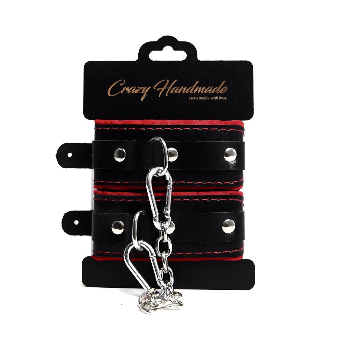 Черные наручники с красной подкладкой, строчками и скругленными ремешками 1