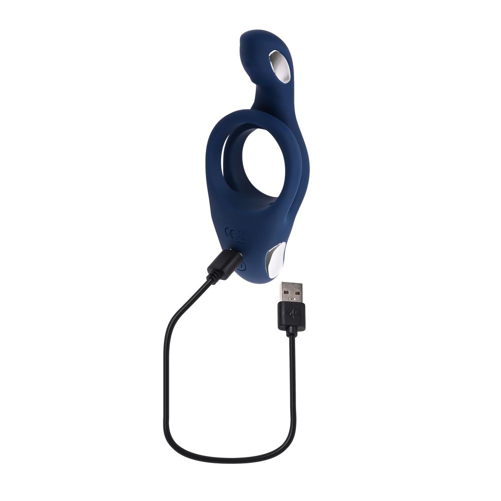 Синее эрекционное виброкольцо с двойным подхватом мошонки Ring Around The Rosy 8