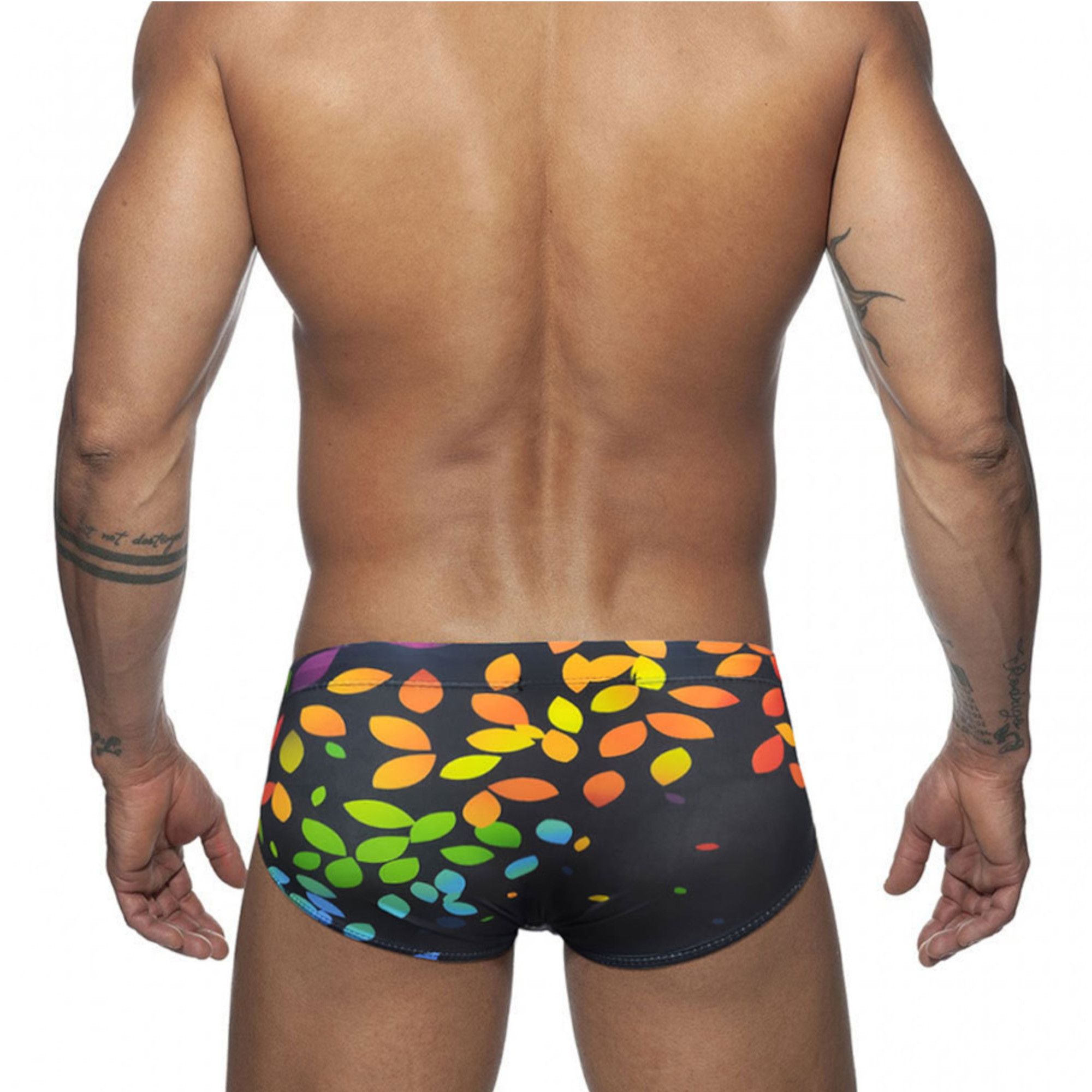 Черные мужские плавки с цветными листиками 3