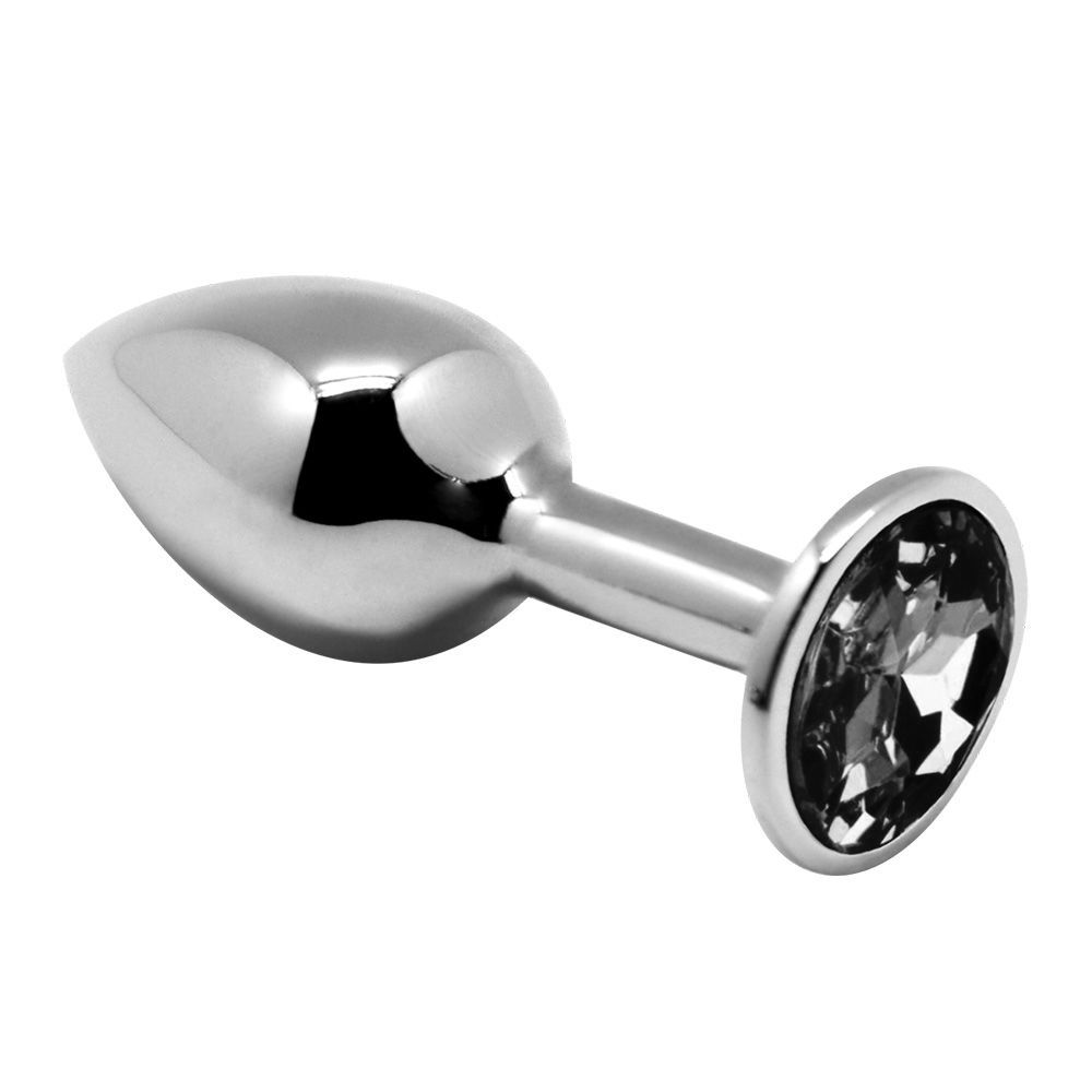 Серебристая анальная втулка с черным кристаллом Mini Metal Butt Plug Size S - 7 см. 1