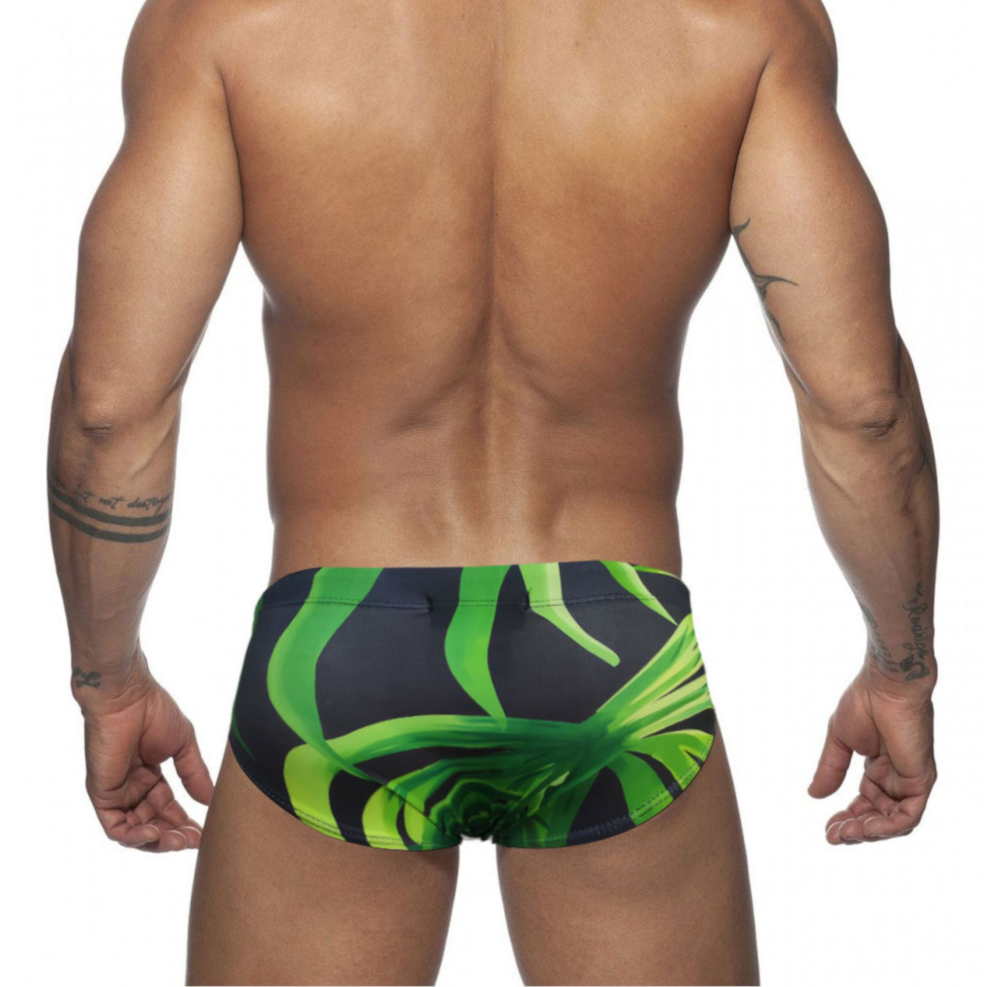 Черные мужские плавки с зеленым растительным рисунком 3