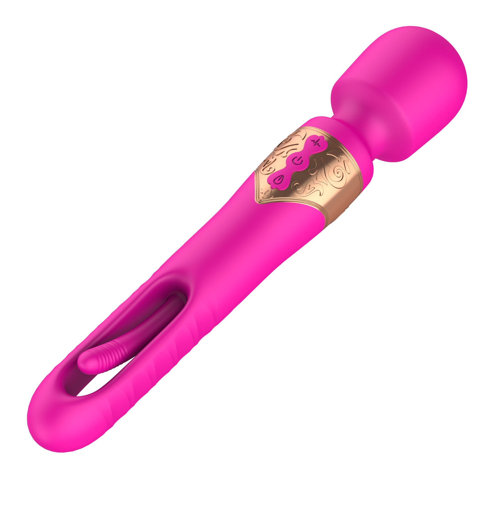 Розовый двусторонний wand-вибратор с функцией фингеринга - 26 см. 1