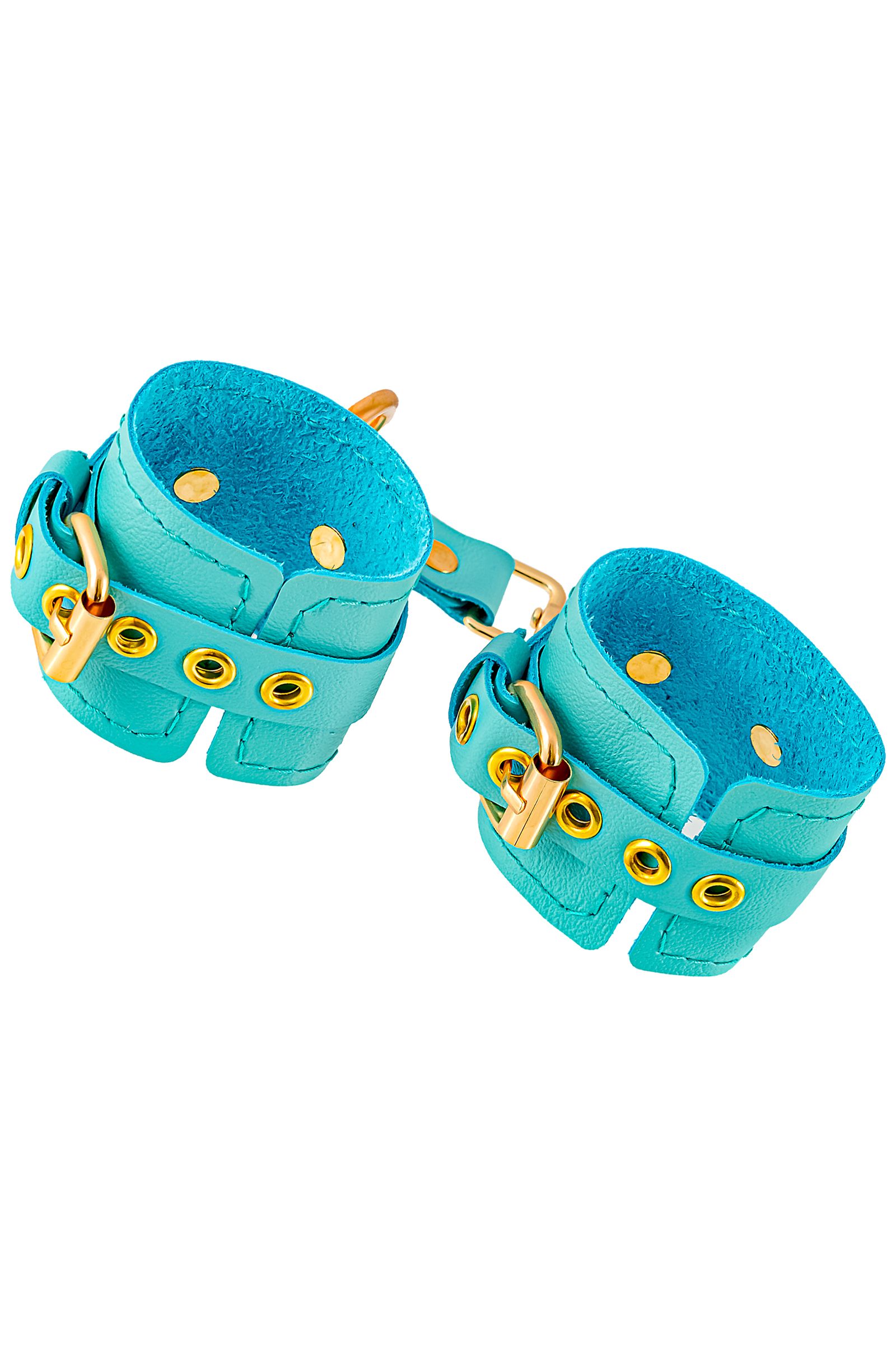 Голубые однослойные кожаные наручники 2