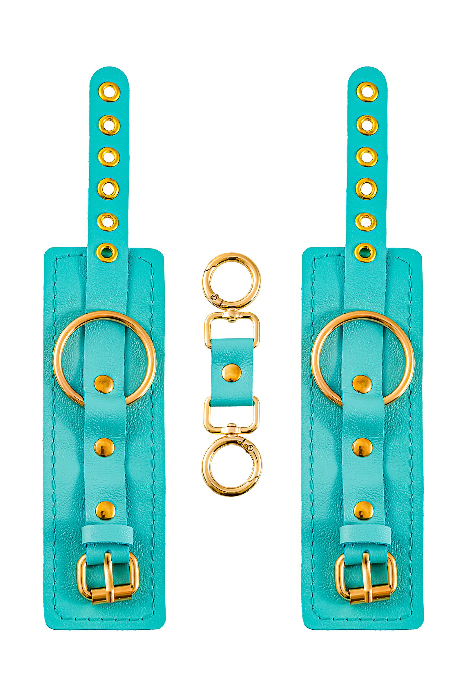 Голубые однослойные кожаные наручники 3