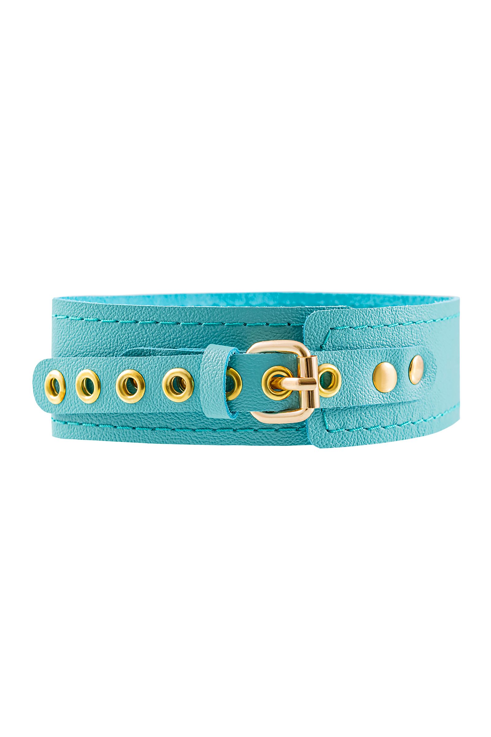 Голубой кожаный однослойный ошейник с прошивкой 3