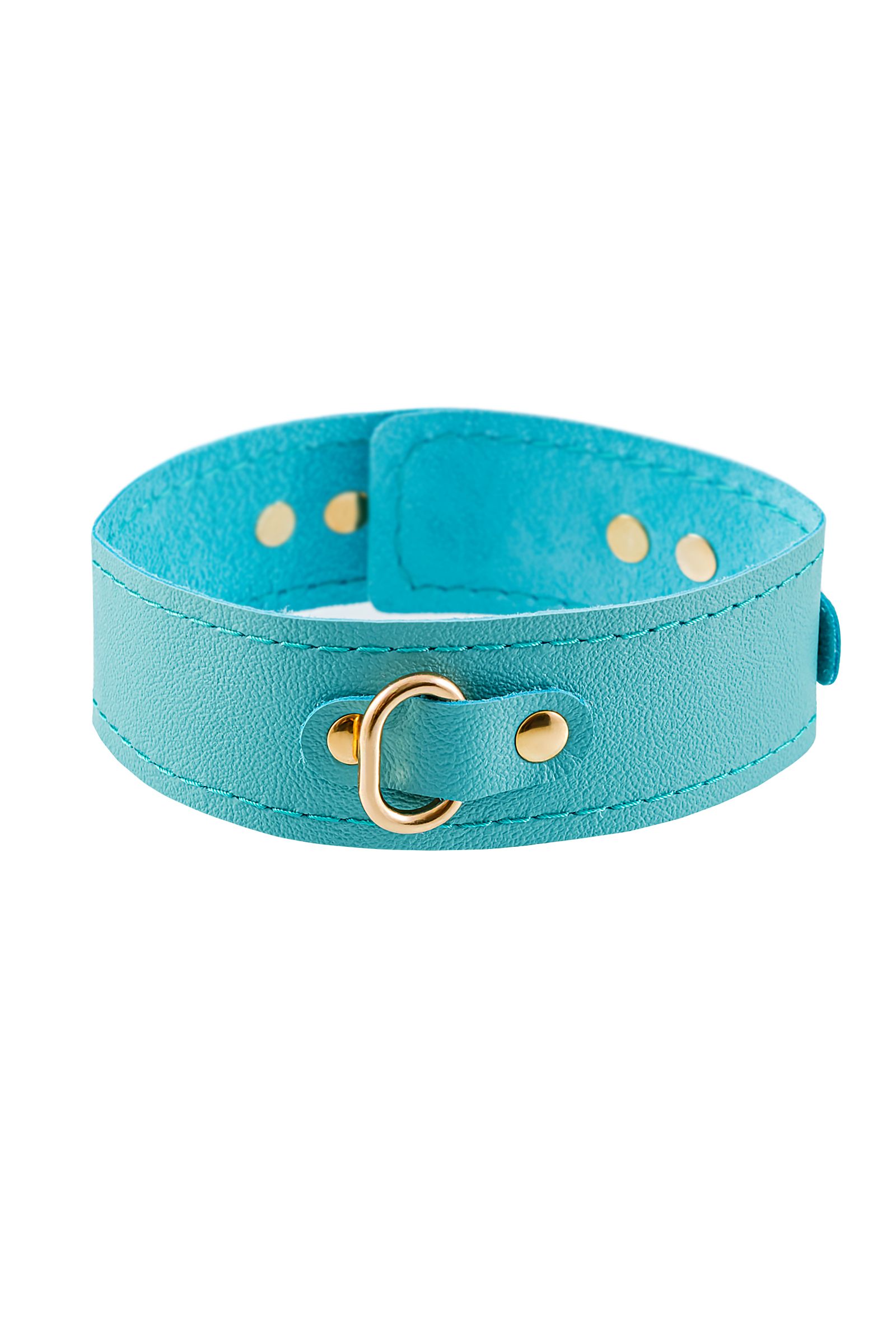 Голубой кожаный однослойный ошейник с прошивкой 4