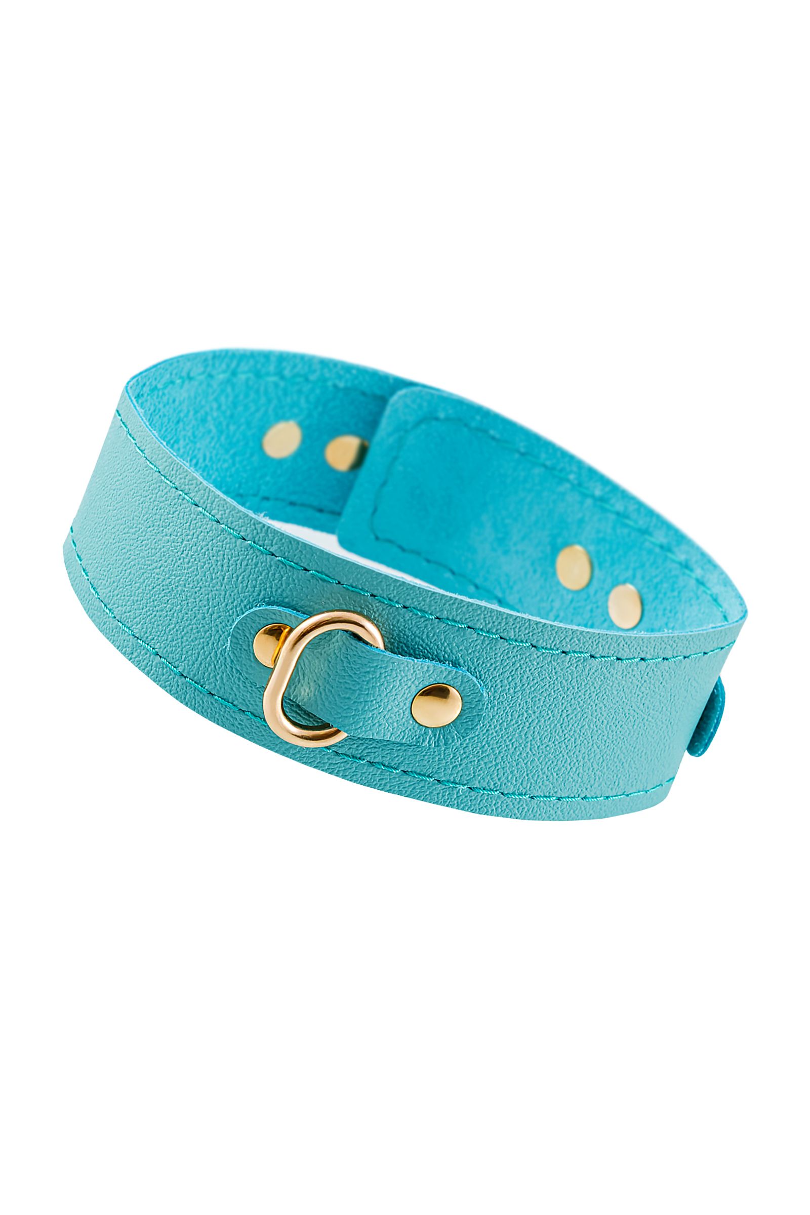 Голубой кожаный однослойный ошейник с прошивкой 1