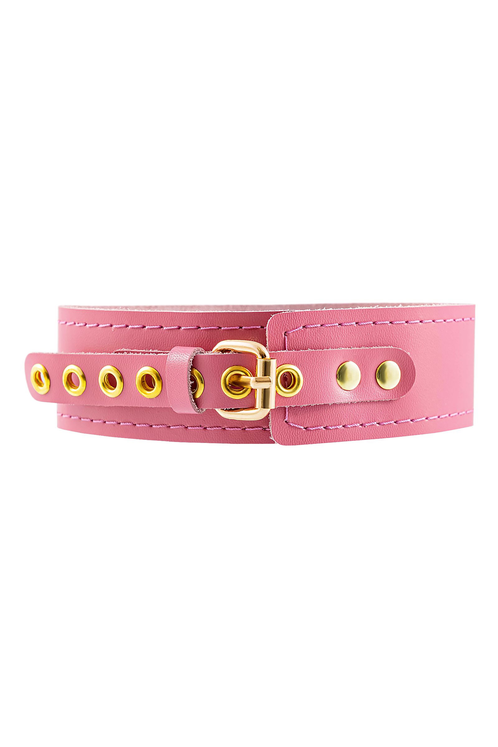 Розовый кожаный однослойный ошейник с прошивкой 3