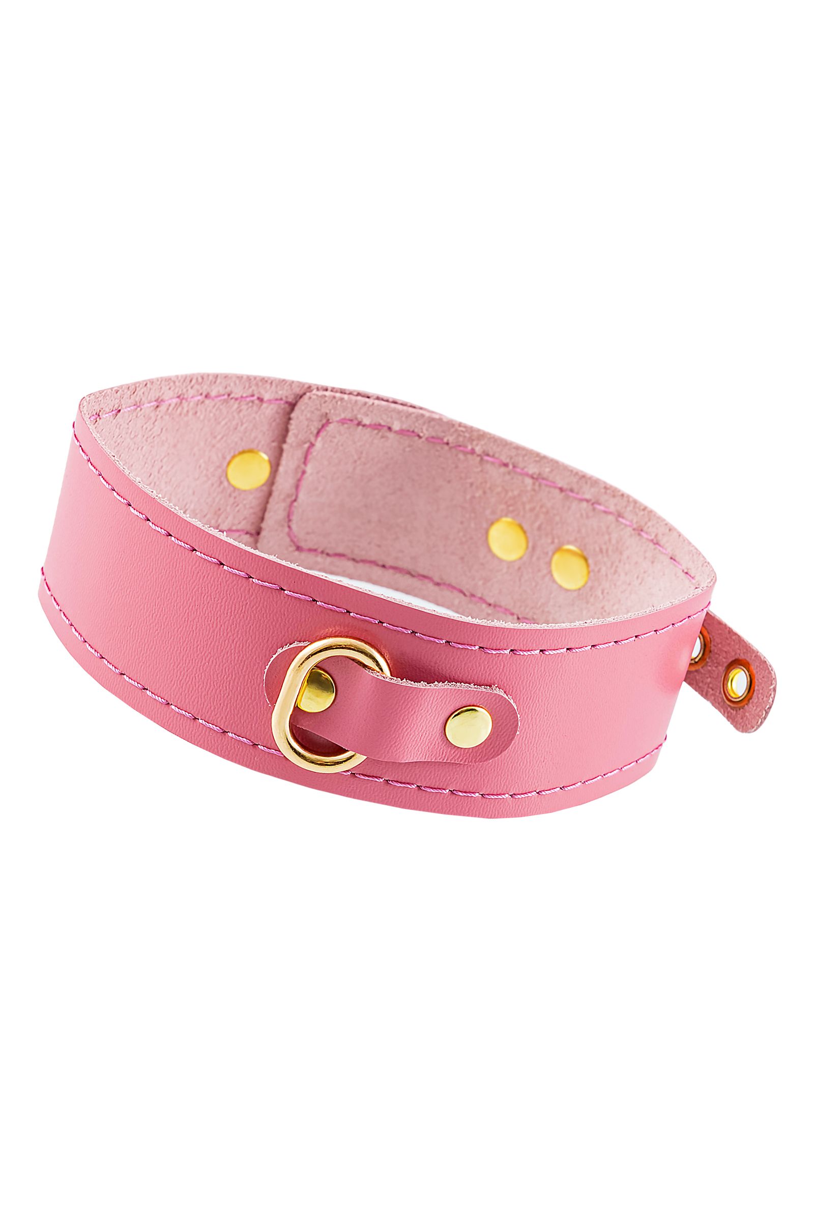 Розовый кожаный однослойный ошейник с прошивкой 1