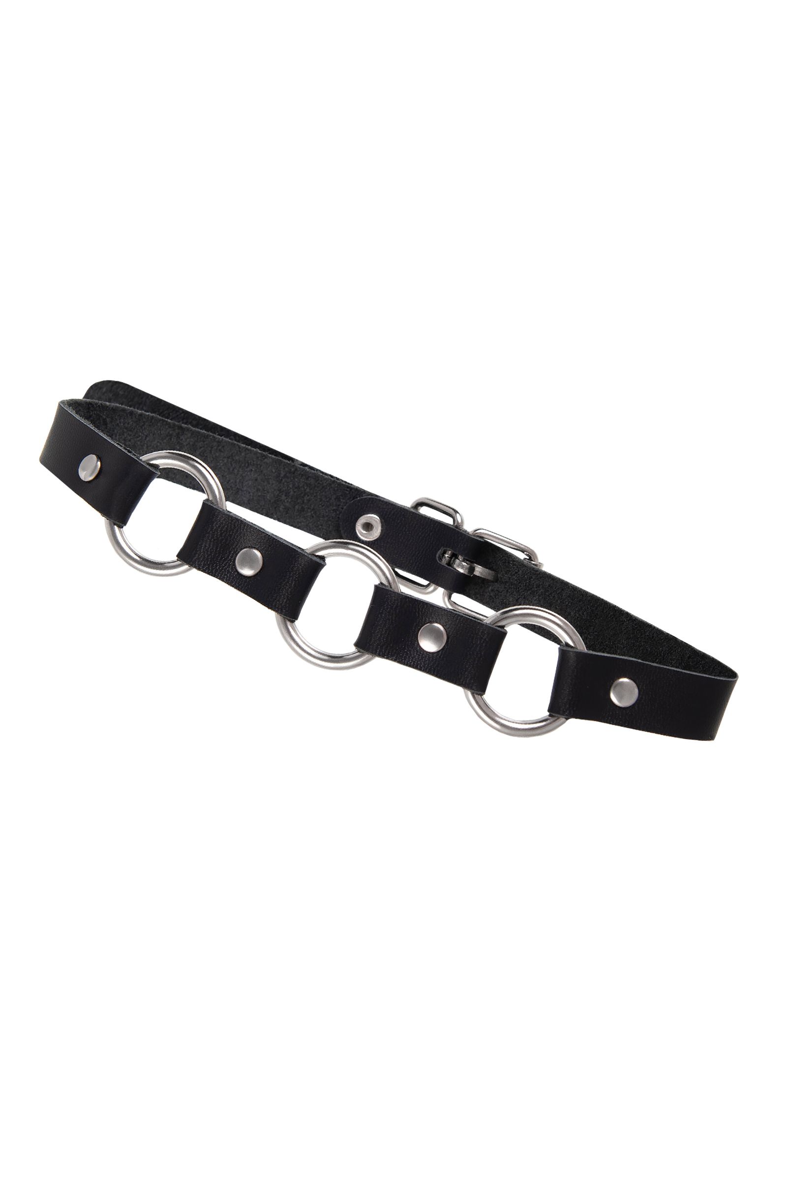 Черный кожаный чокер-ошейник с тремя кольцами 4