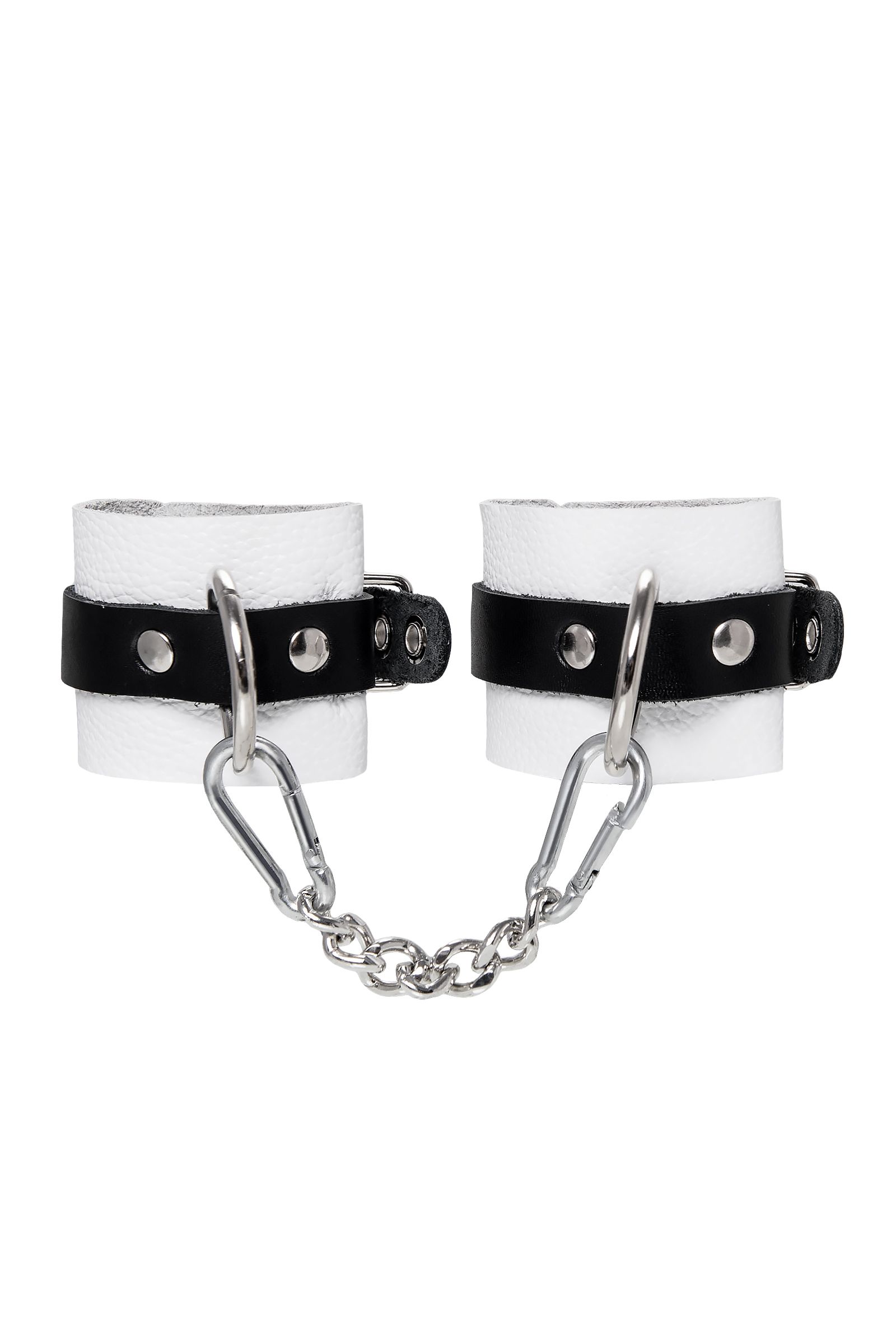 Бело-черные кожаные наручники с одним ремешком с люверсами 2