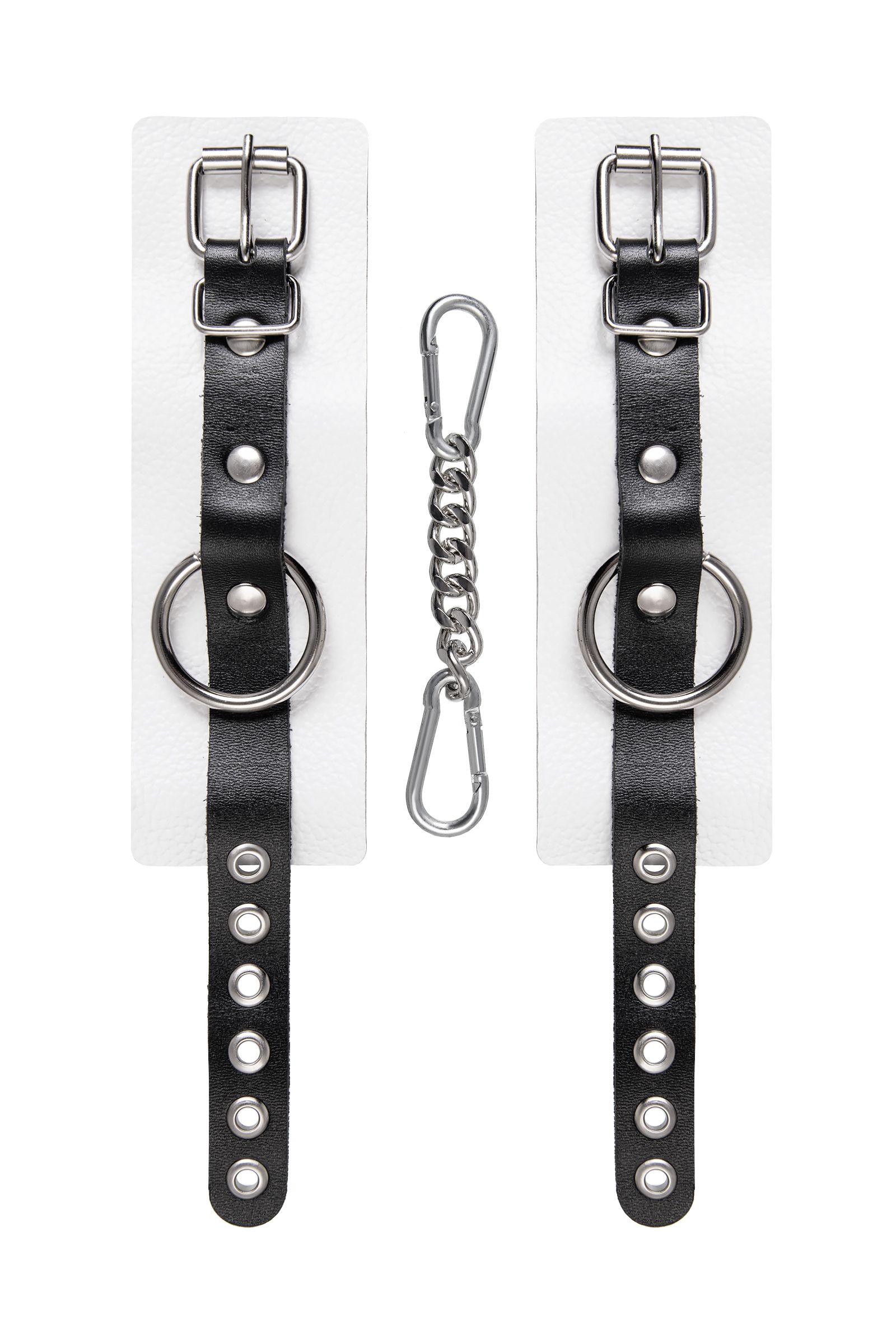 Бело-черные кожаные наручники с одним ремешком с люверсами 4