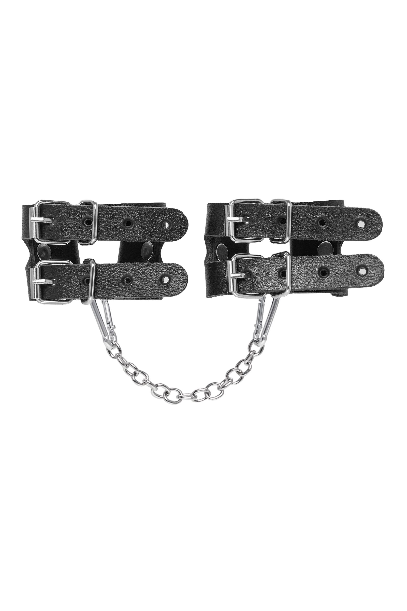 Черные кожаные наручники-браслеты из двух ремешков 3