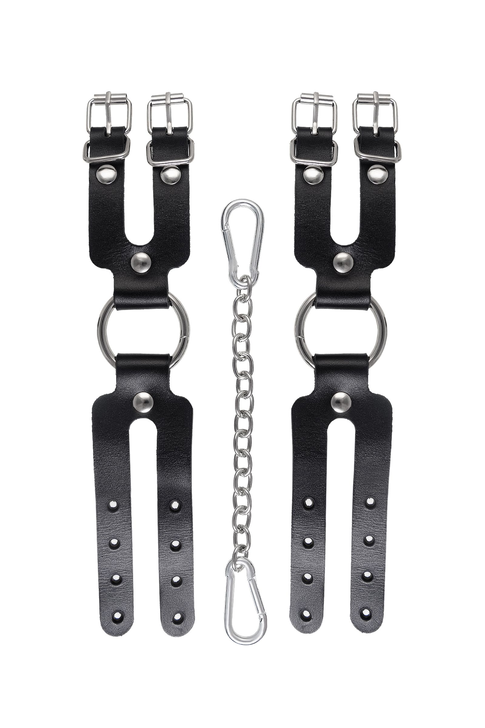 Черные кожаные наручники-браслеты из двух ремешков 5
