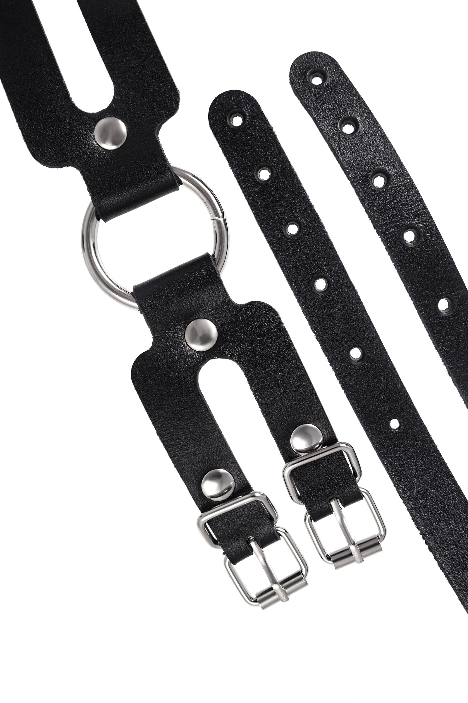 Черные кожаные наручники-браслеты из двух ремешков 6