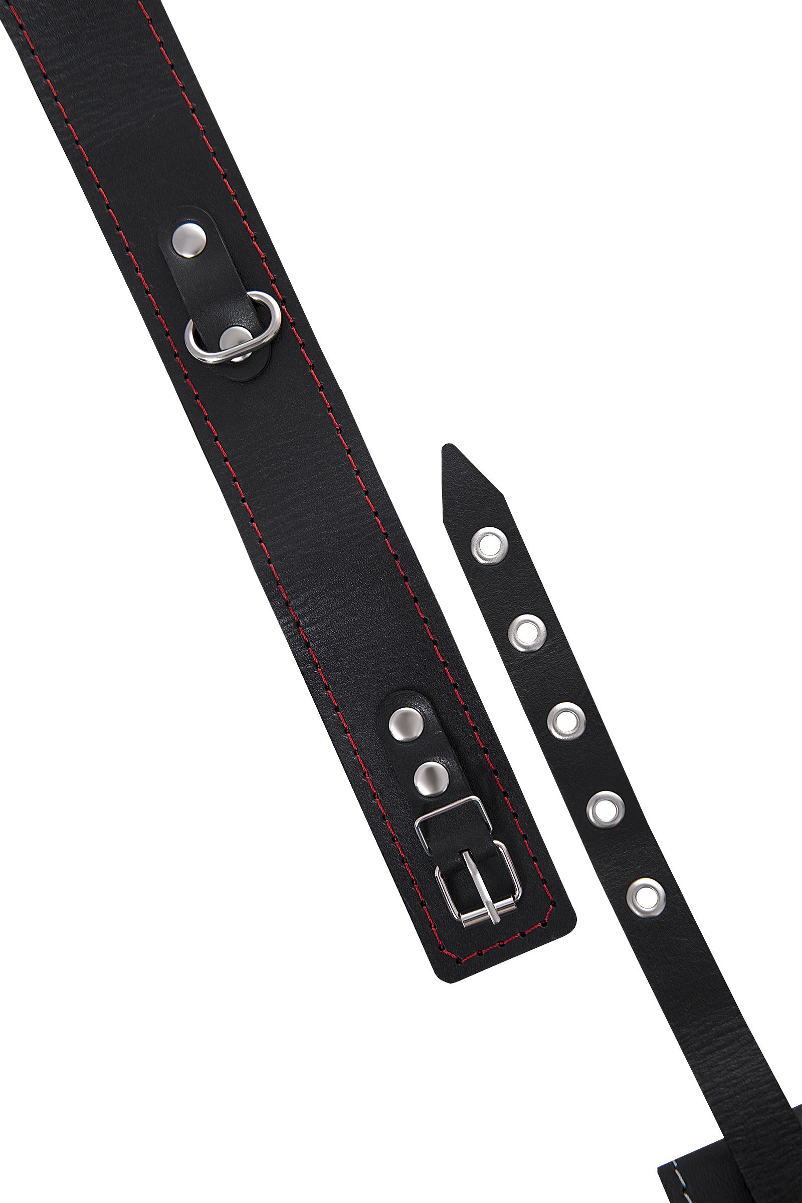 Кожаный двухслойный ошейник с красной строчкой и поводком 7