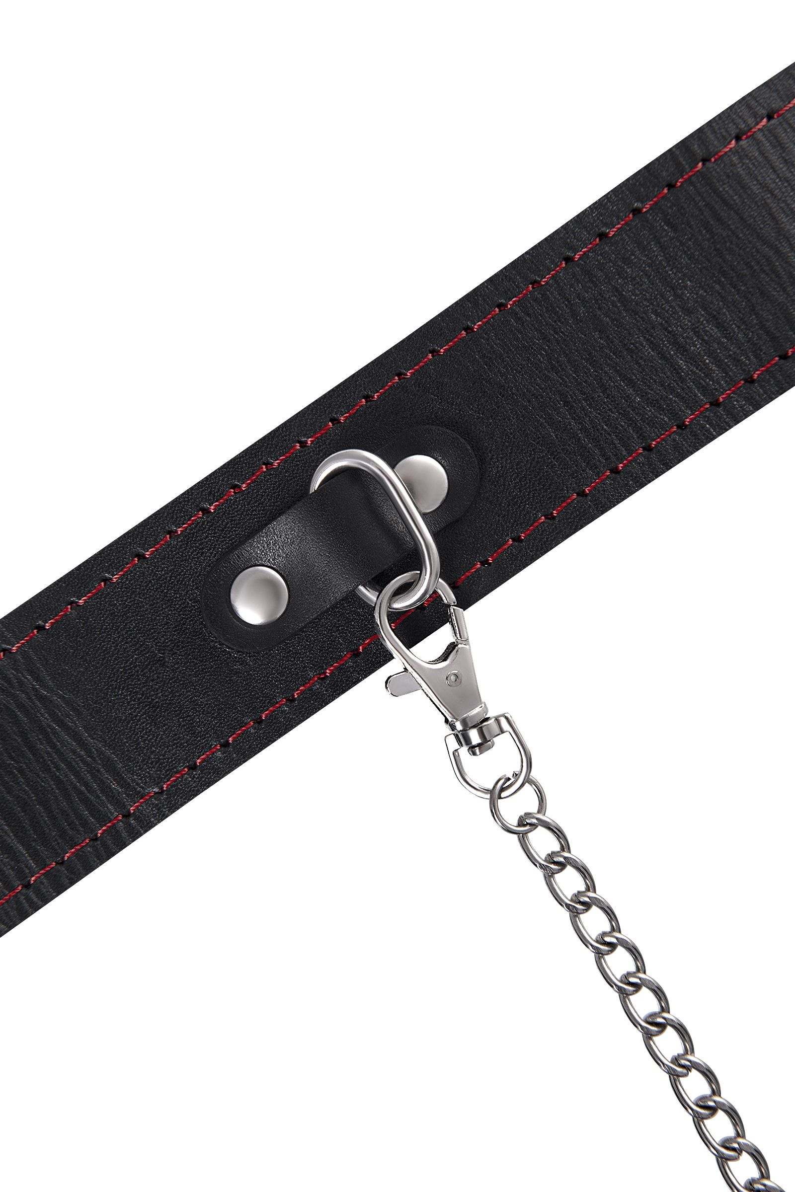 Кожаный двухслойный ошейник с красной строчкой и поводком 8